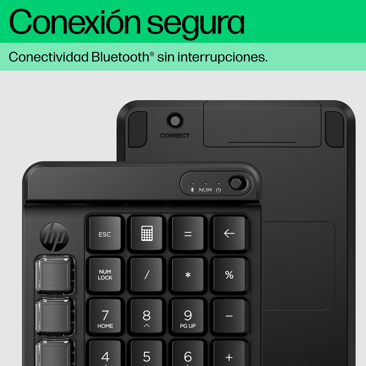 Teclado numérico inalámbrico HP negro con conexión Bluetooth y teclas como ESC, Bloq Num, 7, 8, 9, 4, 5, 6, 1, 2, 3, 0.