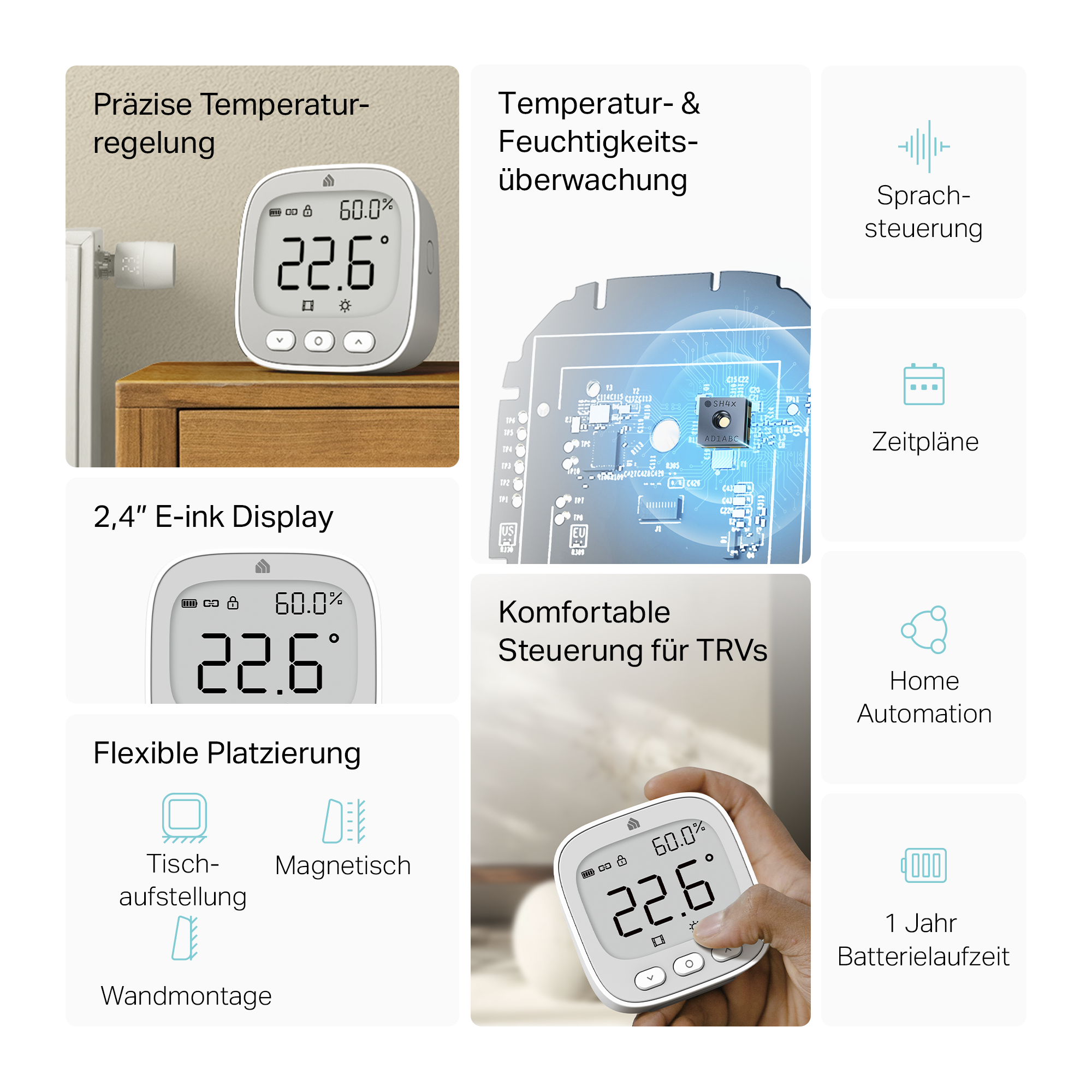 Ein weißes smartes Thermostat mit E-Ink-Display, das die Temperatur anzeigt.