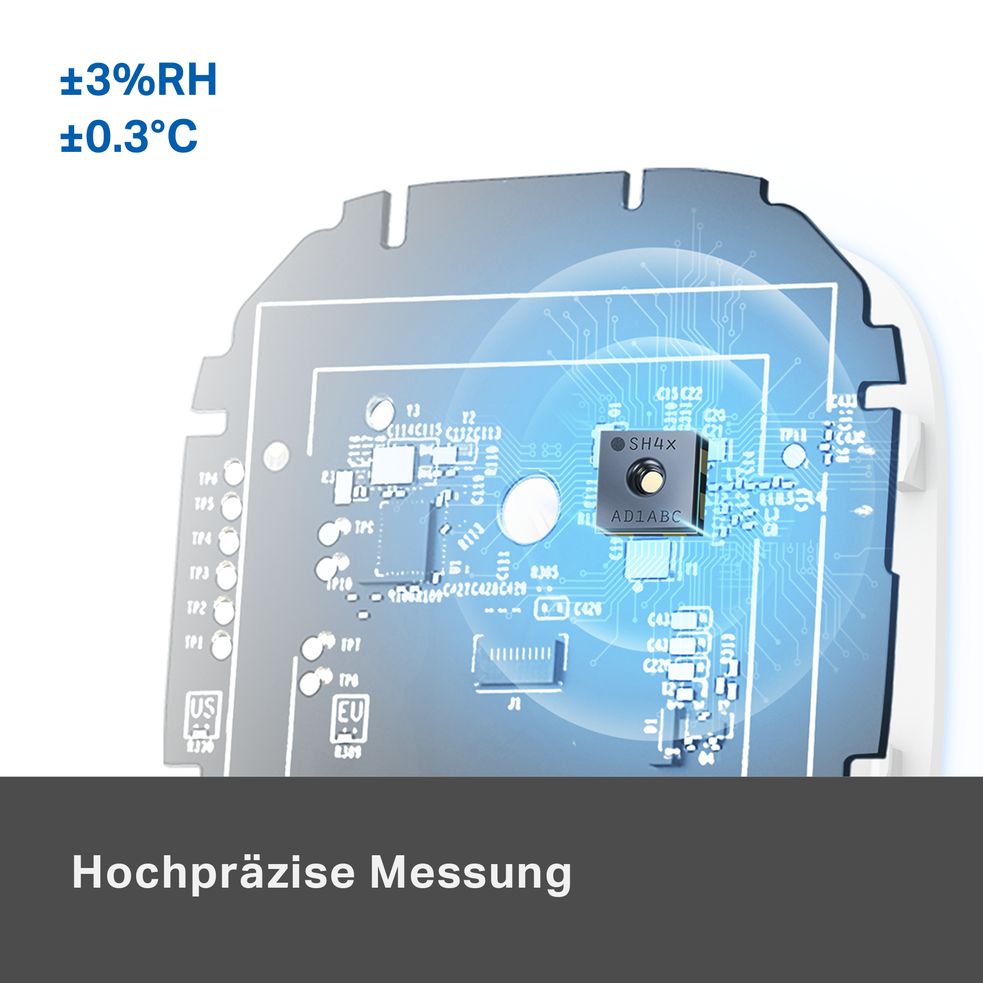 Ein Sensorchip auf einer Leiterplatte mit Beschriftung "SH4X AD1ABC".