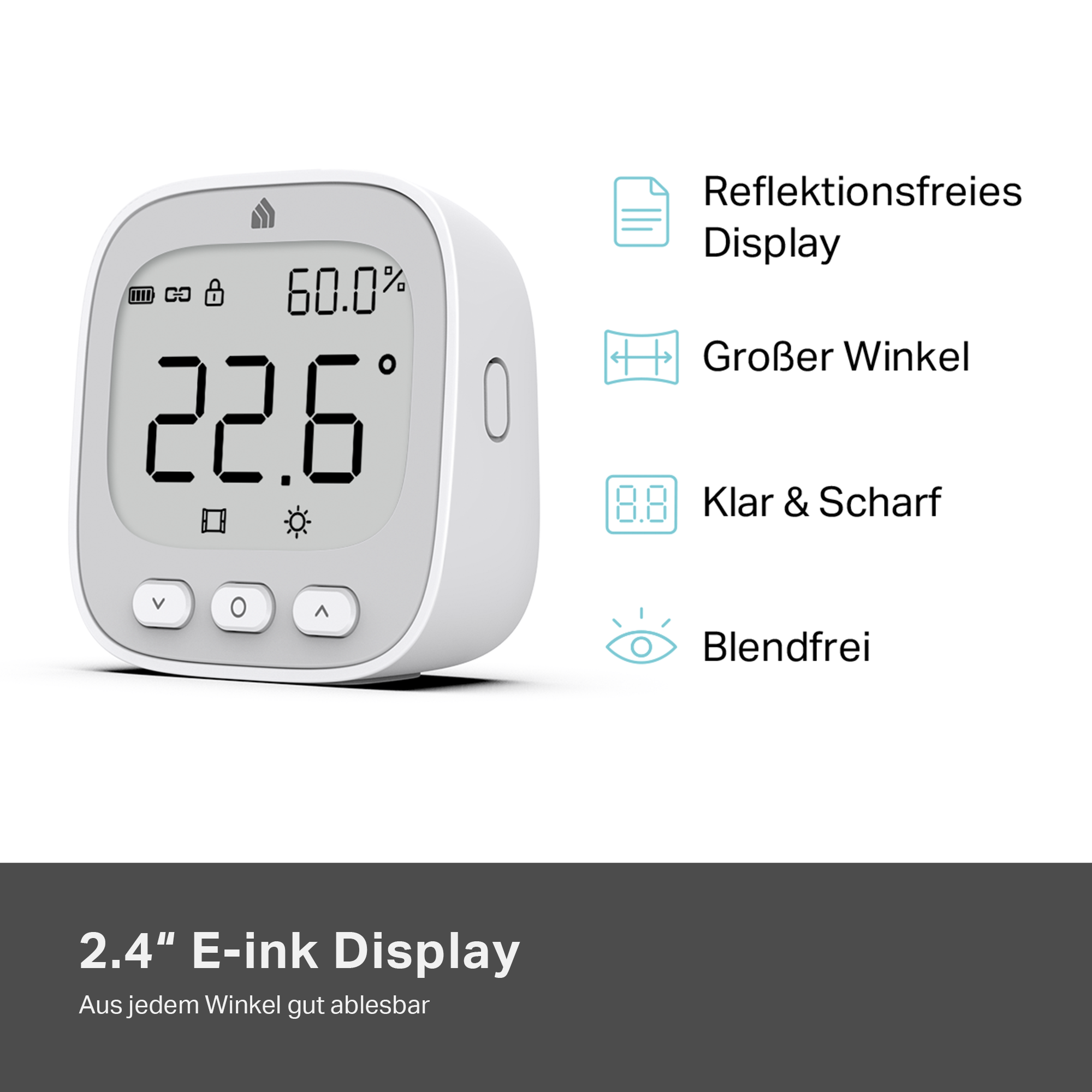 Ein E-Ink-Display zeigt 22.6°C und 60.0% Luftfeuchtigkeit.