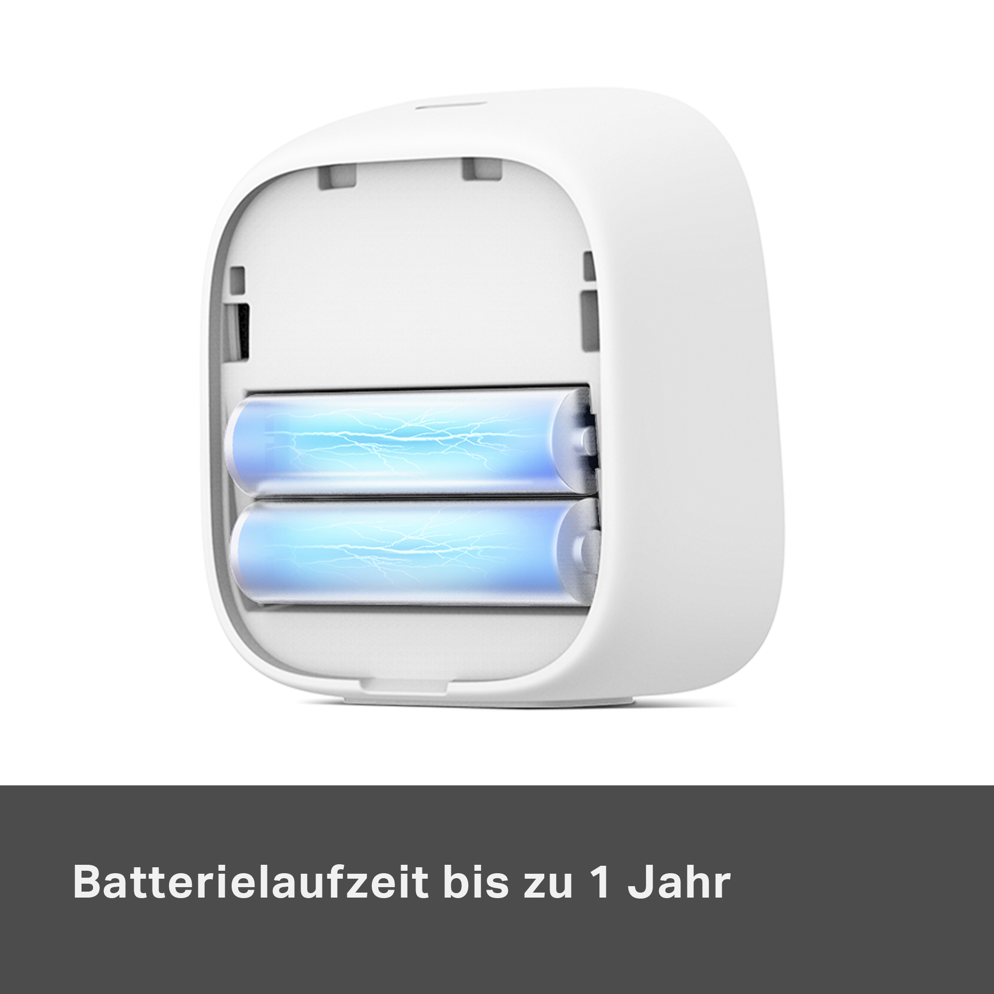 Ein weißes Gehäuse mit zwei leuchtenden Batterien im Inneren.