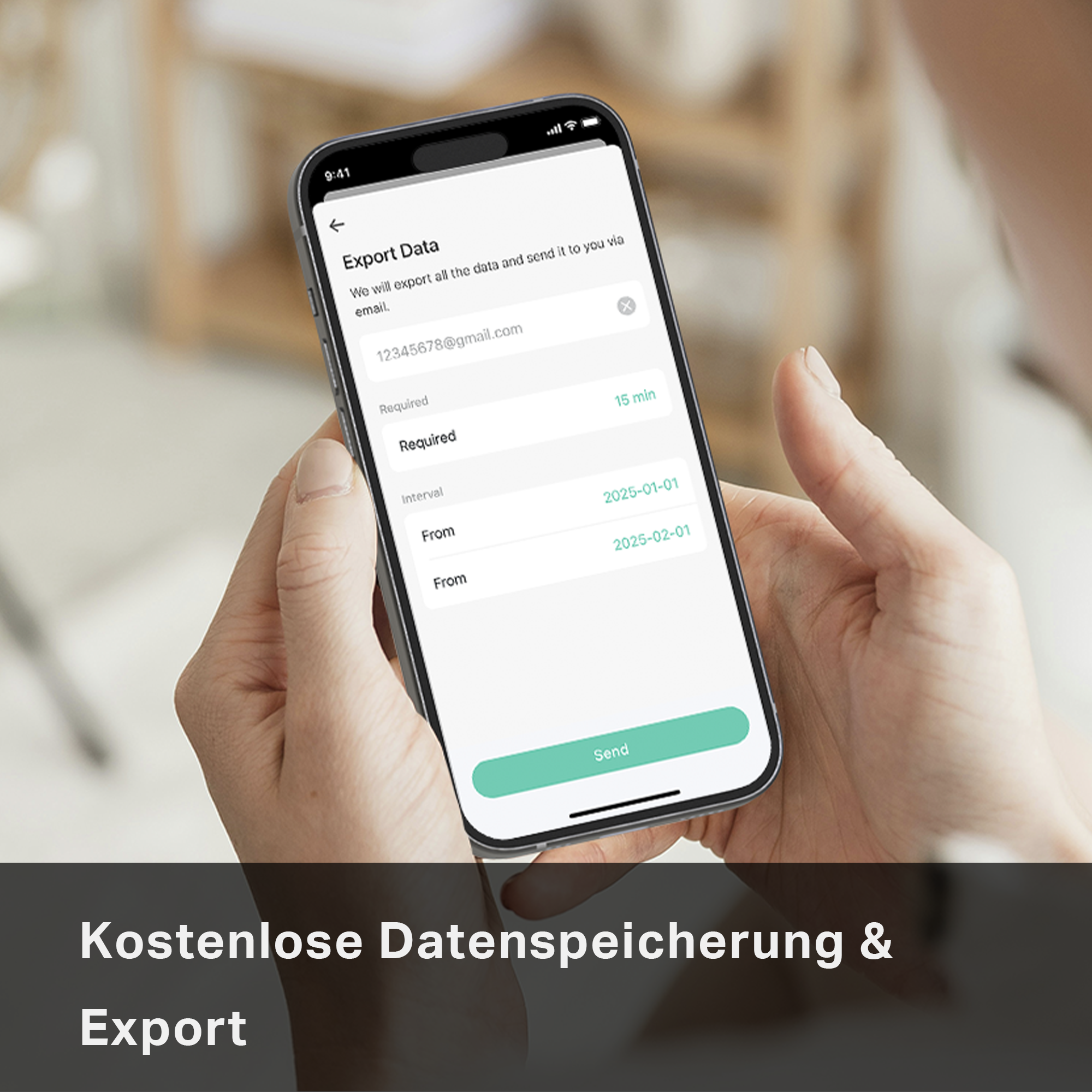 Person exportiert Daten über eine App auf einem Smartphone. Hintergrund unscharf.