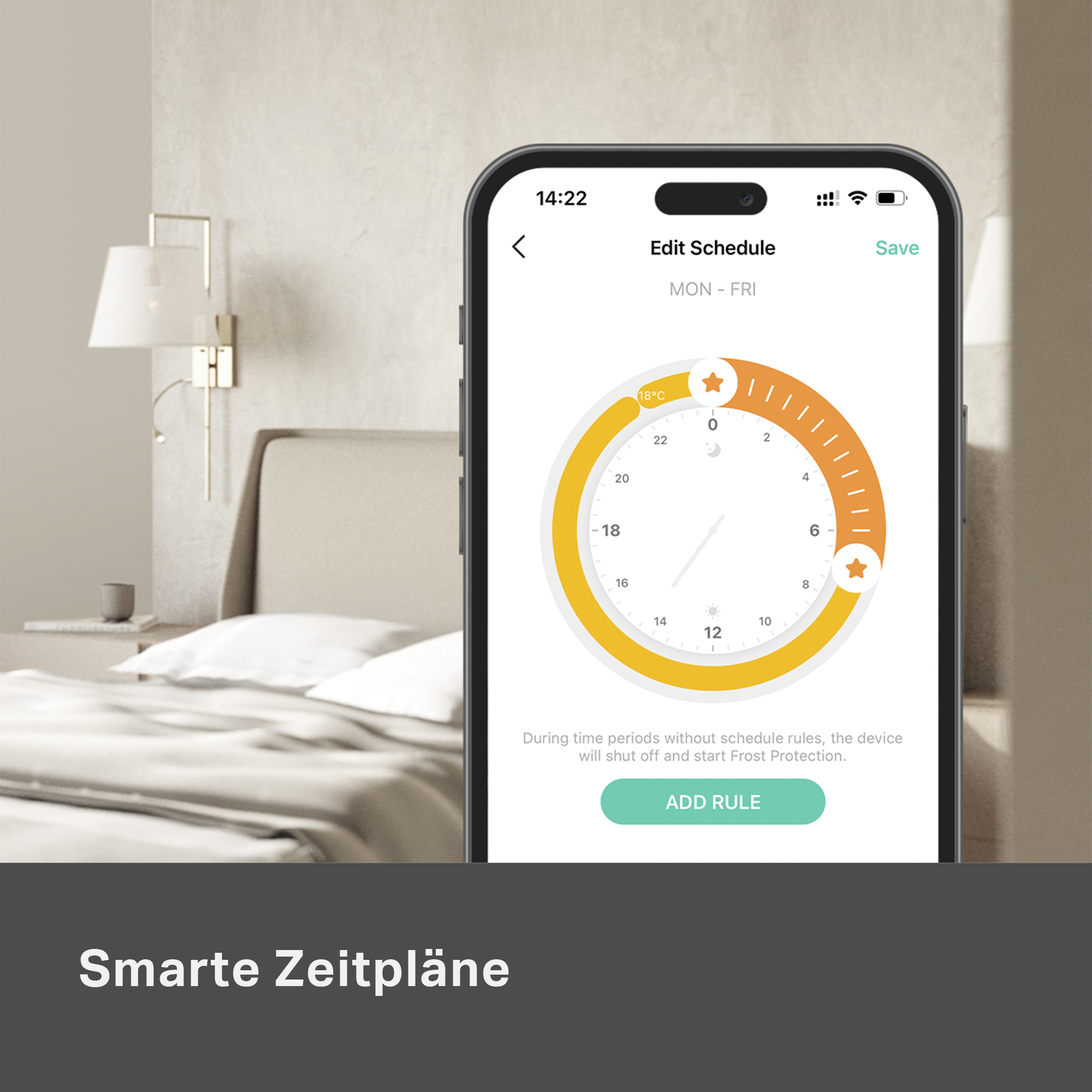 Ein Smartphone zeigt einen Heizplan für Montag bis Freitag an.