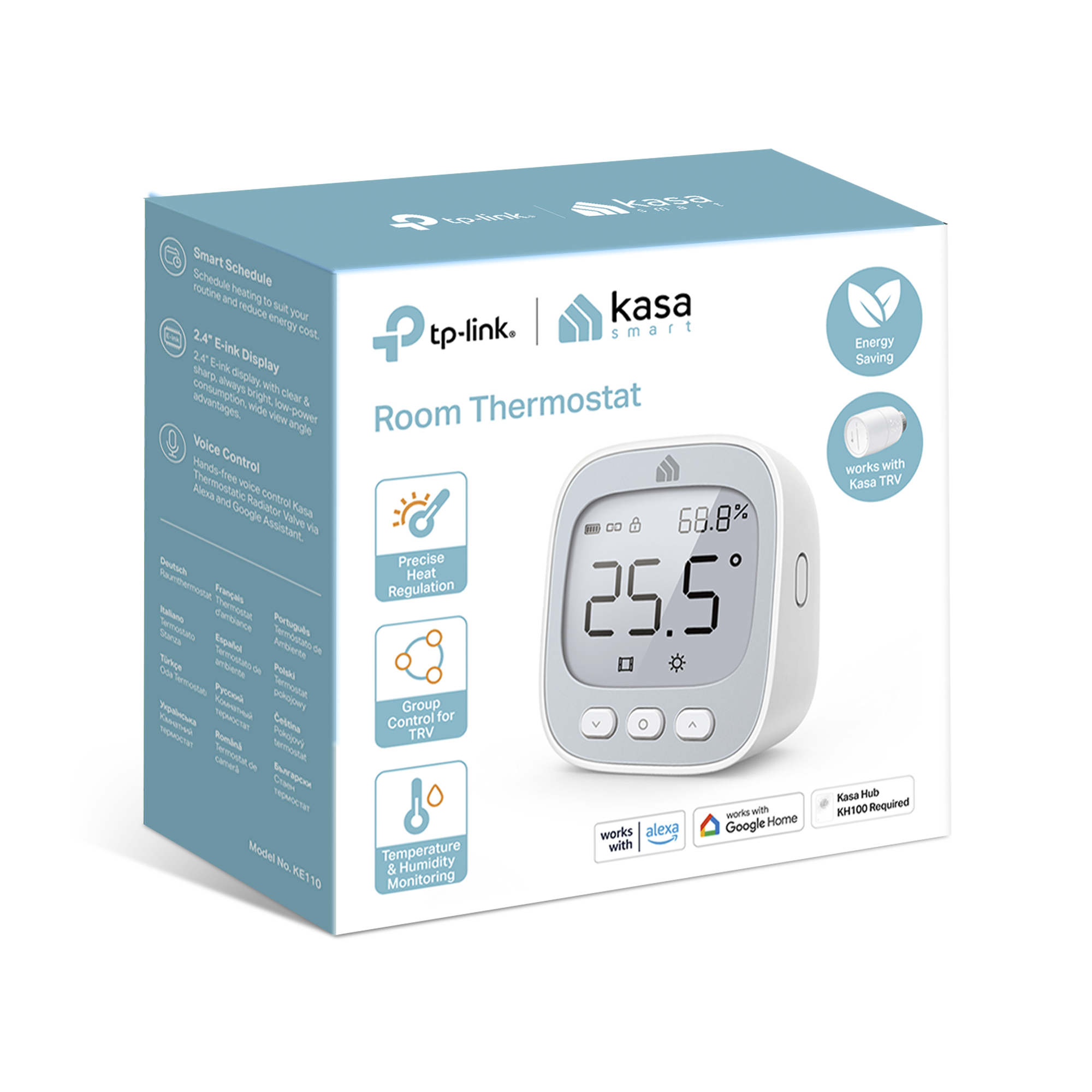 Verpackung eines Kasa Smart Room Thermostats mit E-Ink-Display und Bedienelementen.