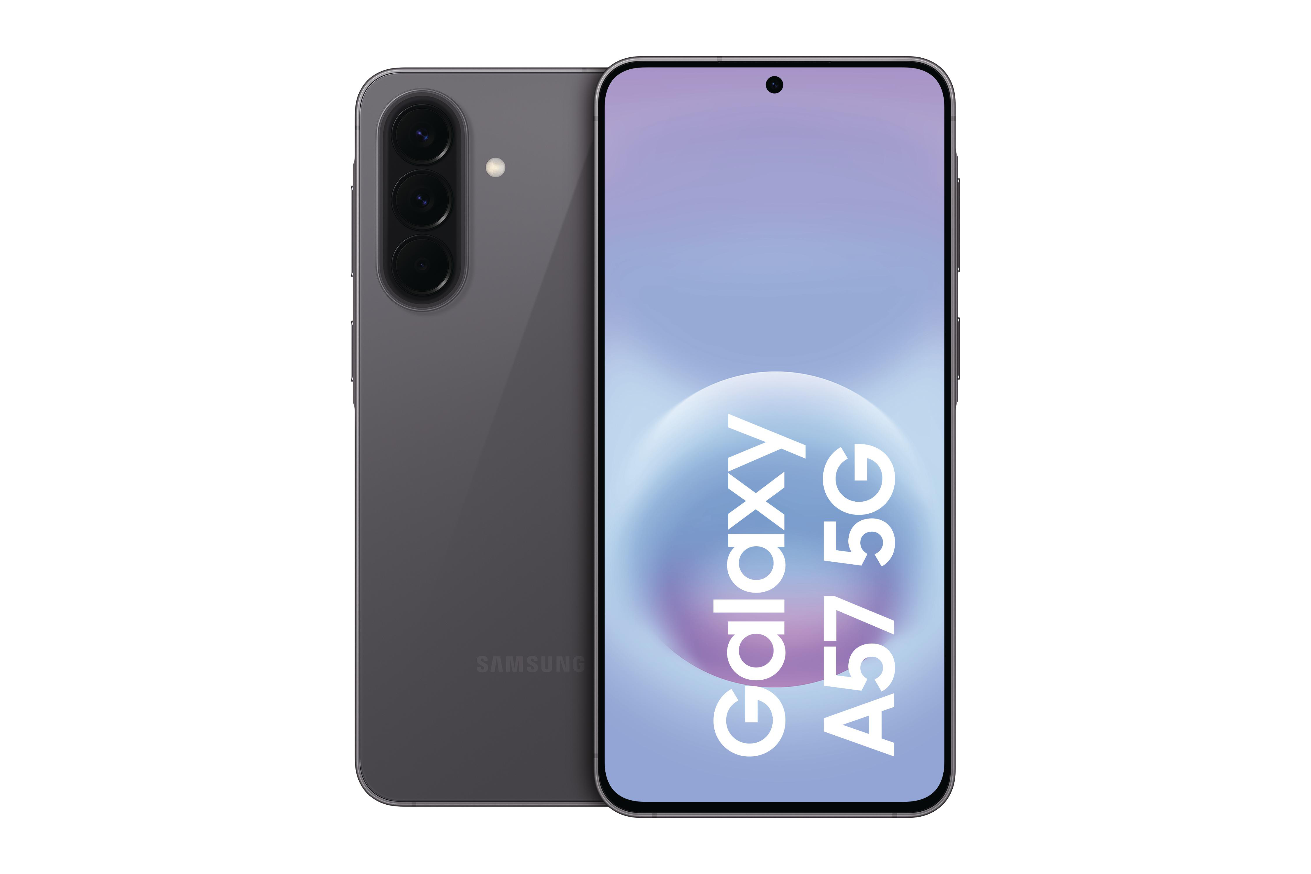 Ein graues Samsung Galaxy A57 5G Smartphone von vorne und hinten.