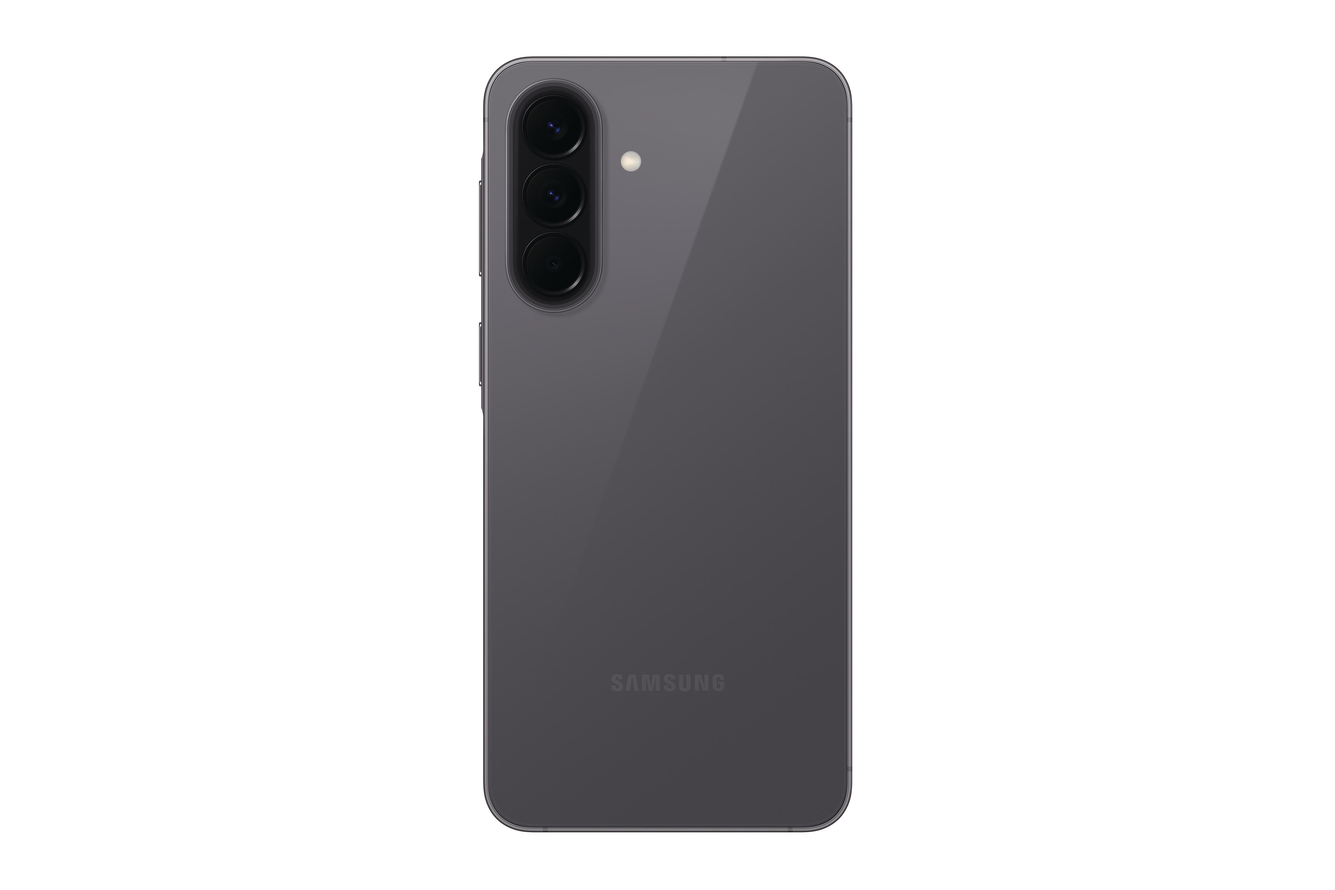 Rückseite eines grauen Samsung-Smartphones mit drei Kameralinsen und Blitz.