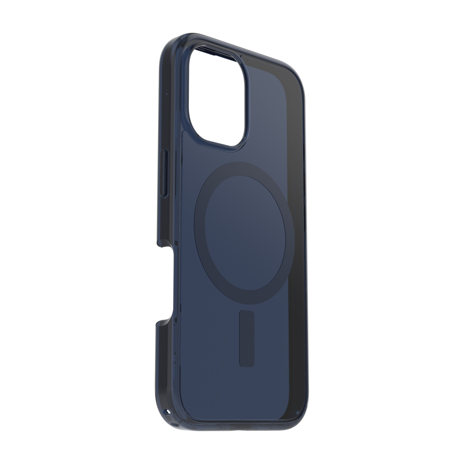 Custodia blu scuro per telefono con anello MagSafe e ritagli.
