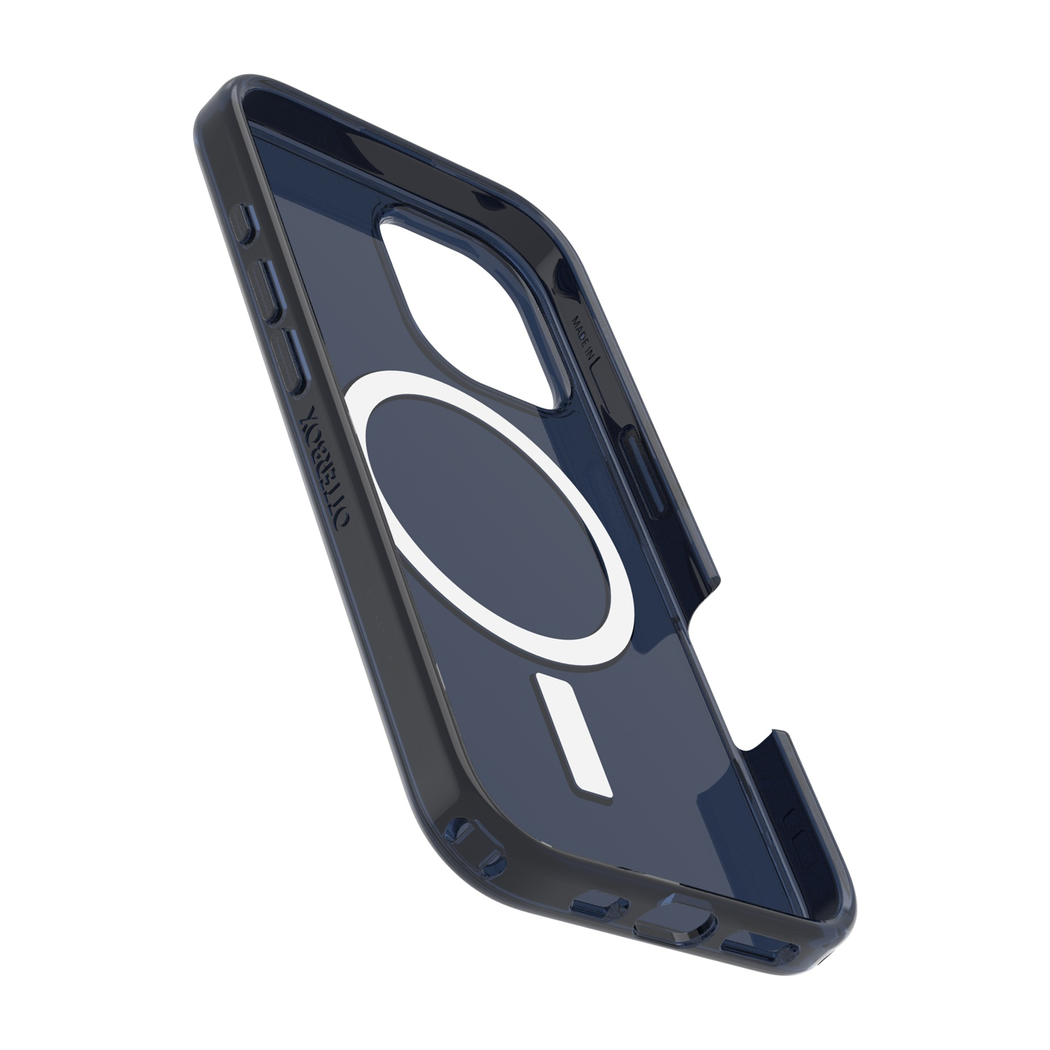Una custodia OtterBox blu scuro con anello MagSafe su sfondo bianco.