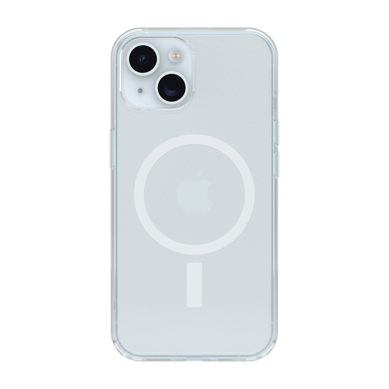 Custodia trasparente per iPhone con due fotocamere e logo Apple.