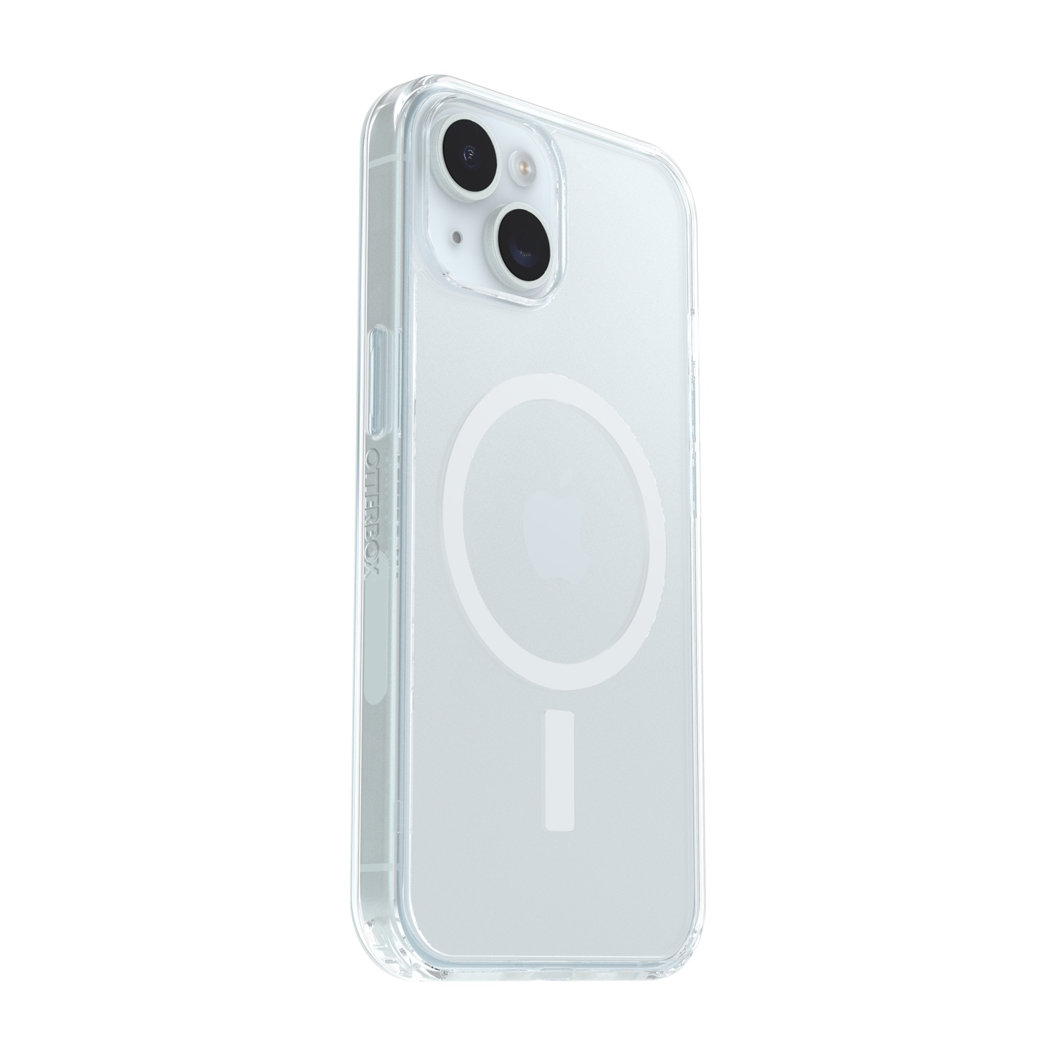 Una custodia trasparente per telefono con due fotocamere su sfondo bianco.