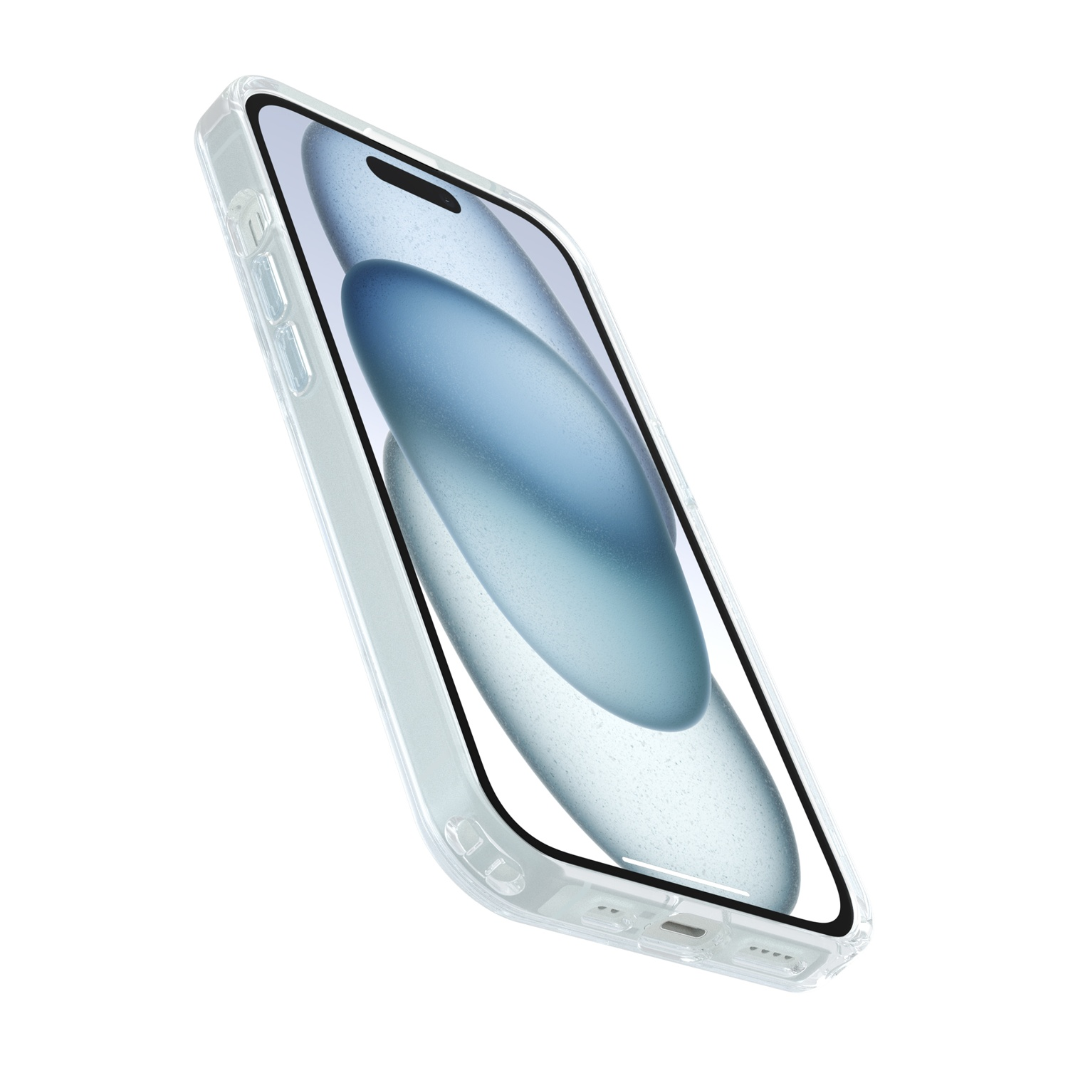 Una custodia trasparente per telefono con sfondo astratto blu.