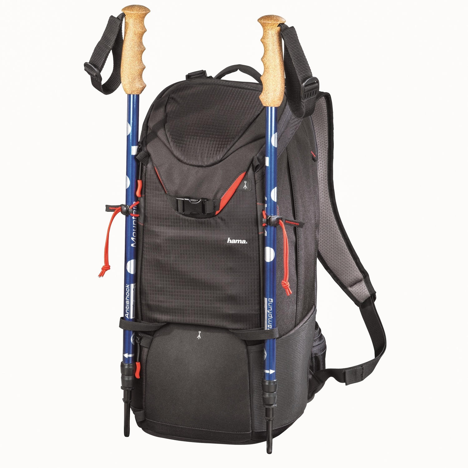 Uno zaino nero con due bastoncini da trekking blu attaccati.