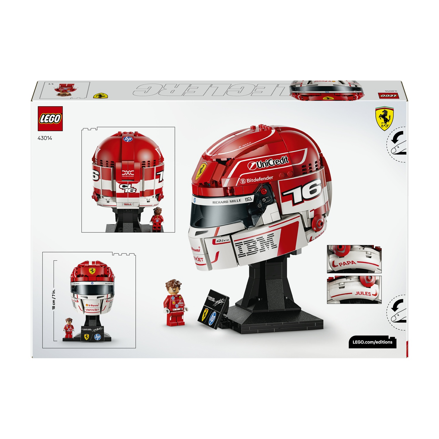 Un casco Ferrari rosso fatto di mattoncini LEGO con adesivi e supporto.