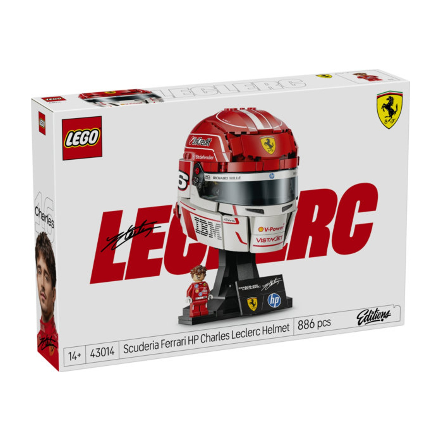 Scatola LEGO con set casco Ferrari di Charles Leclerc. Include modello casco, minifiguretta e pezzi.