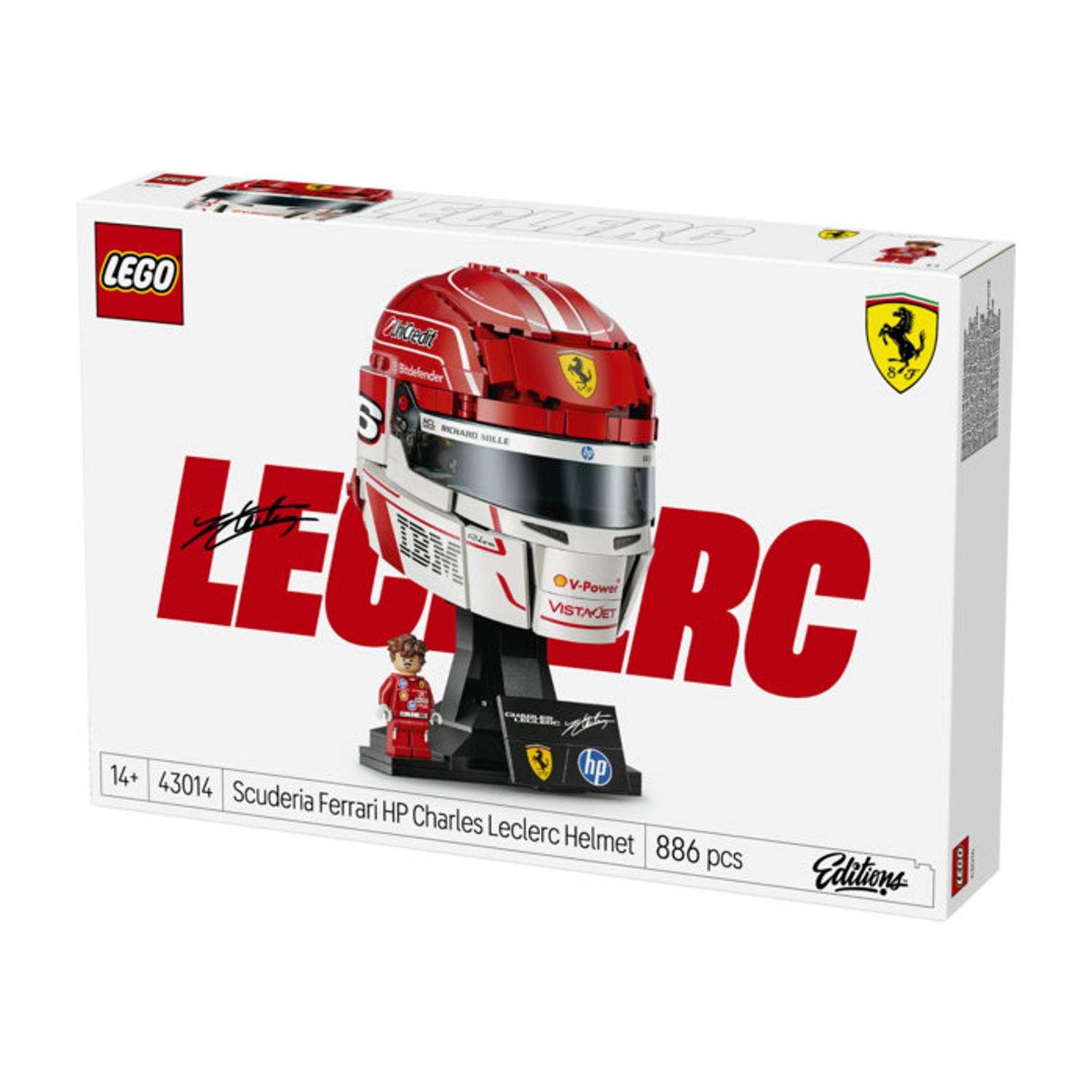 Scatola LEGO con modello di casco Ferrari e minifigure di Charles Leclerc.