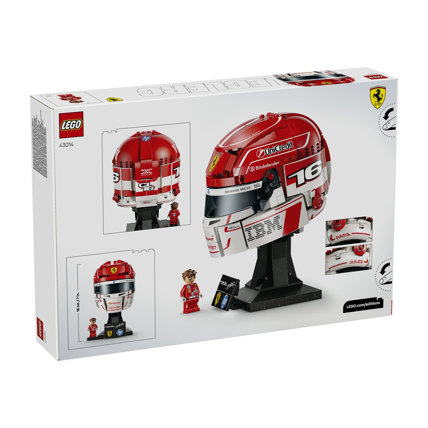 Scatola con kit casco LEGO Formula 1 e minifigure. Colori rosso, bianco, nero.
