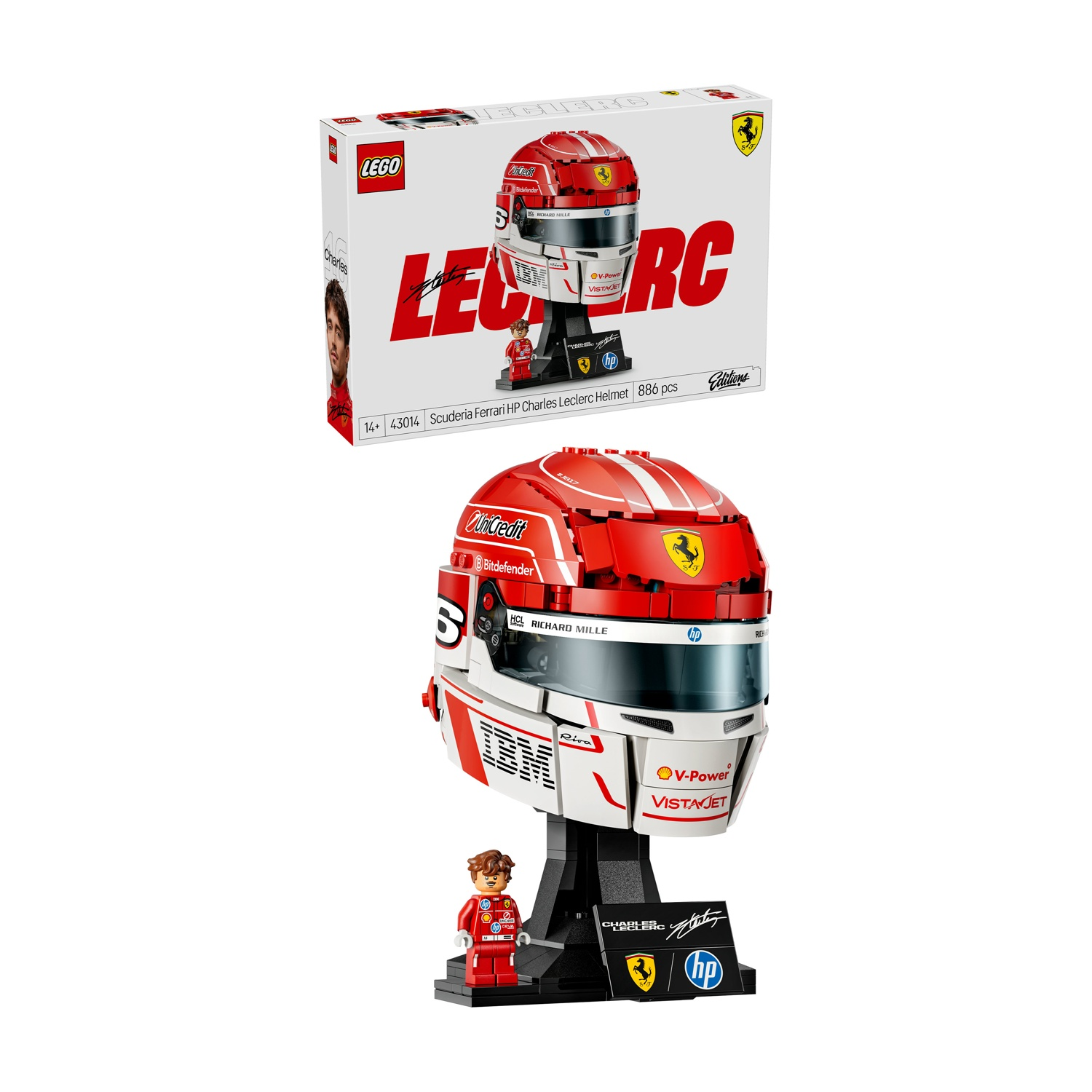 Modello LEGO del casco Ferrari di Charles Leclerc con minifigure e scatola.