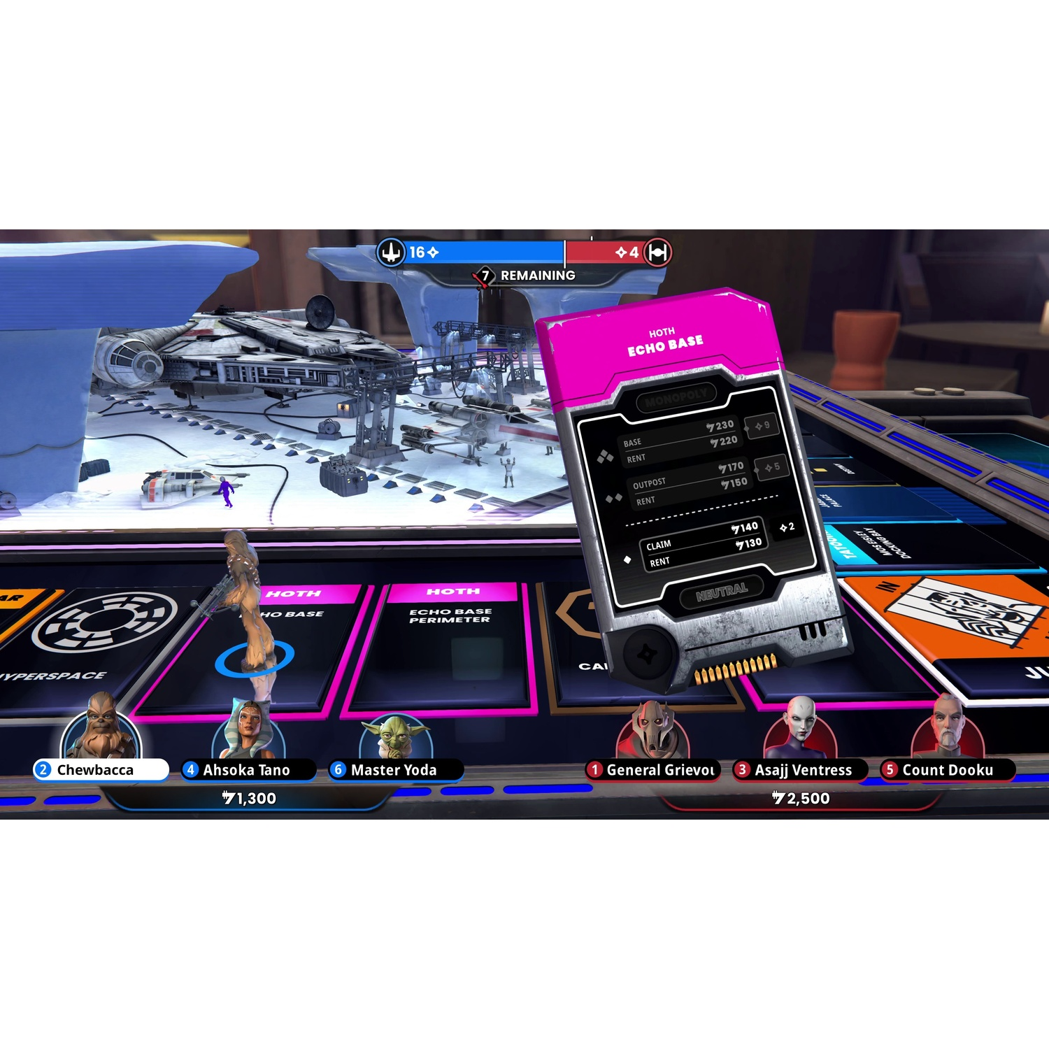 Gioco da tavolo Monopoly di Star Wars con Millennium Falcon e personaggi. Carta Base Eco Hoth.