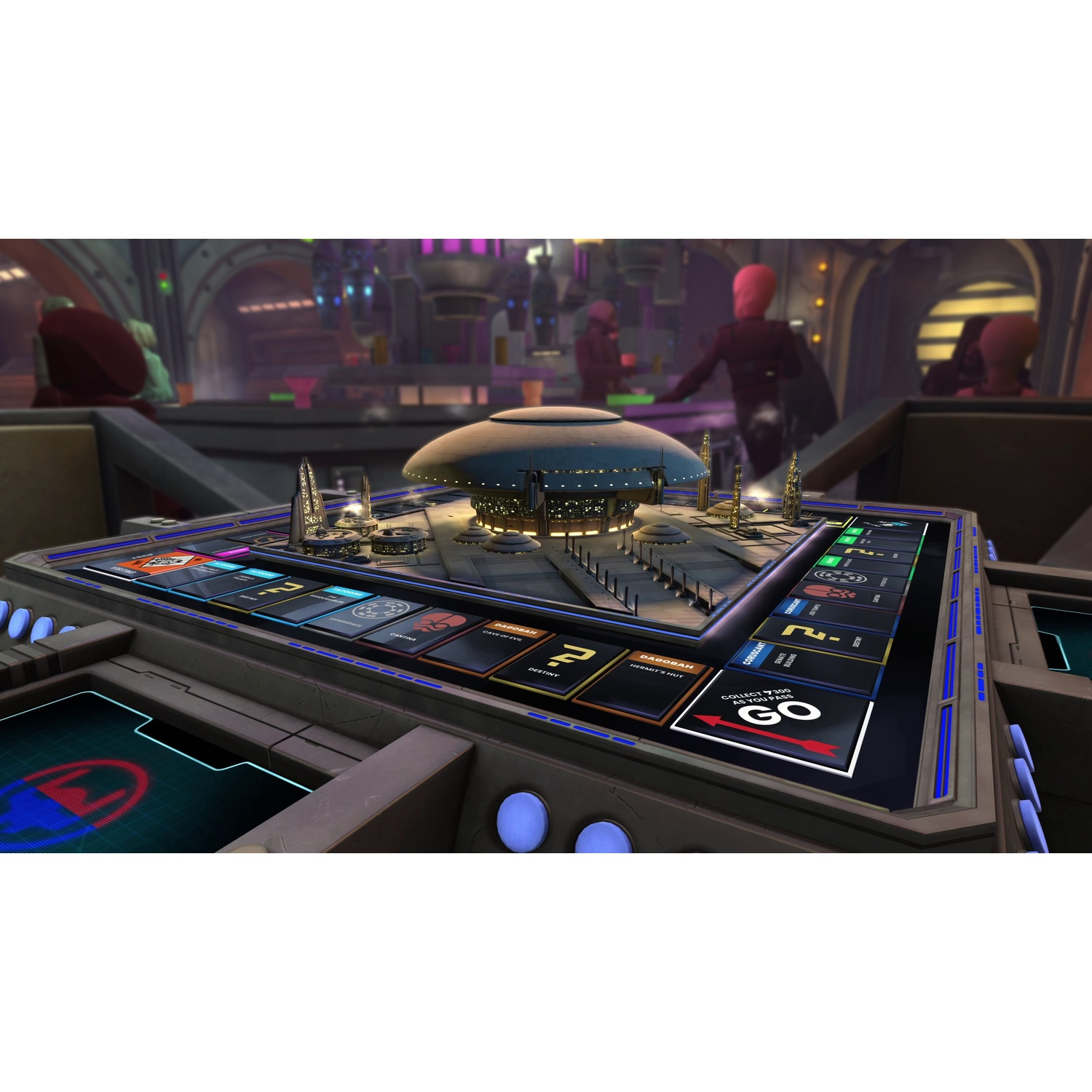 Un gioco da tavolo futuristico con un edificio centrale e personaggi sullo sfondo.