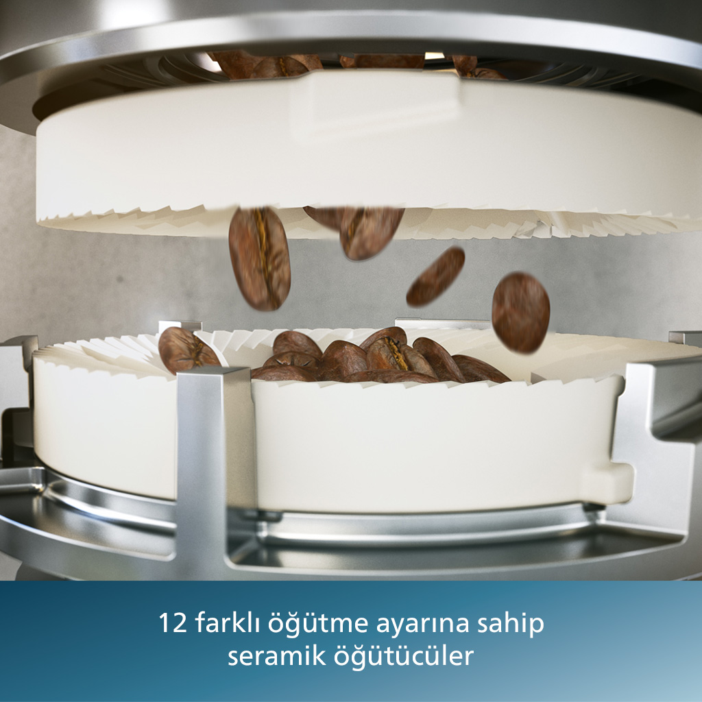 12 farklı ayara sahip beyaz seramik kahve öğütücüye kahve çekirdekleri.