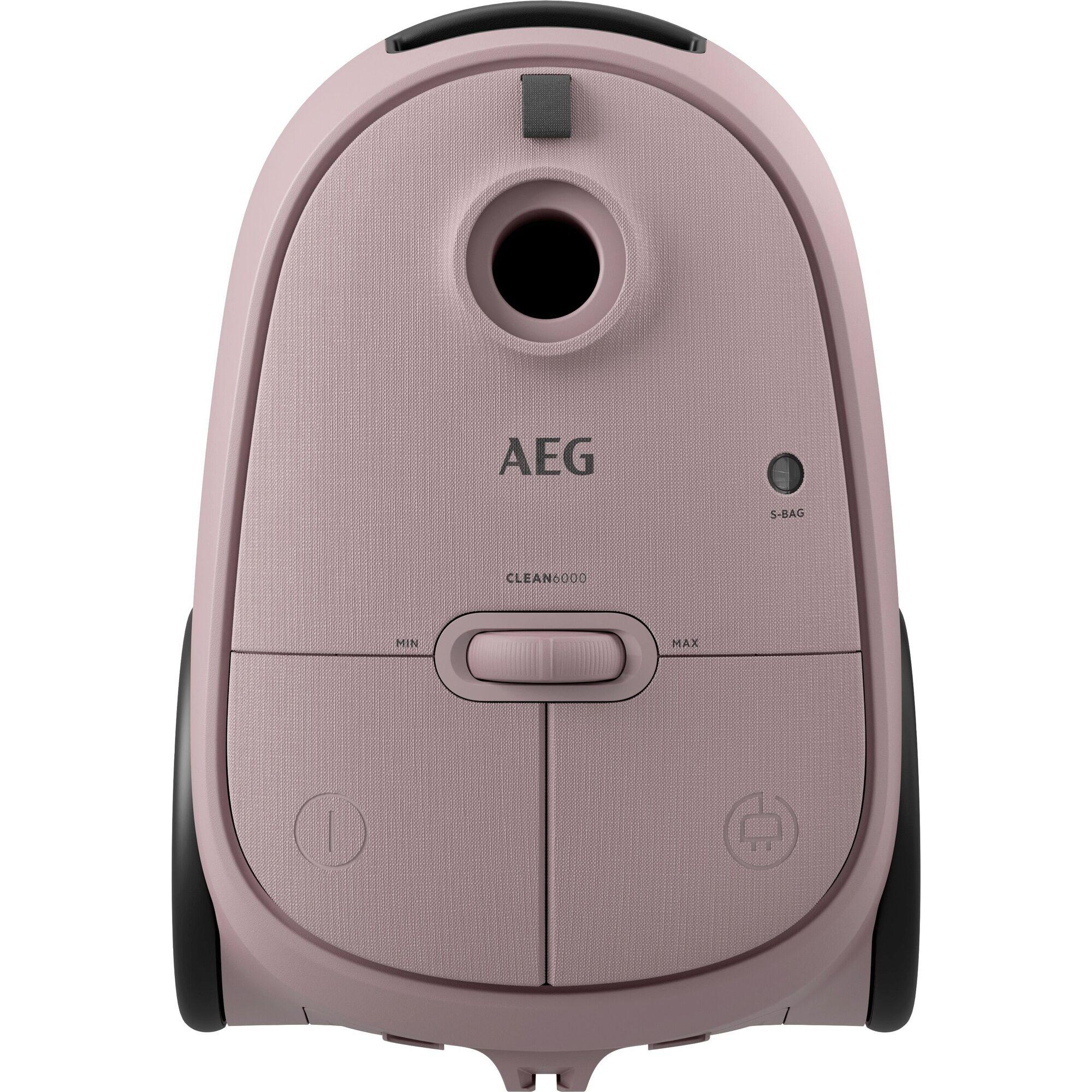 Ein pinker AEG Clean 6000 Staubsauger mit schwarzem Griff und Rädern. Zeigt Leistungsregler.
