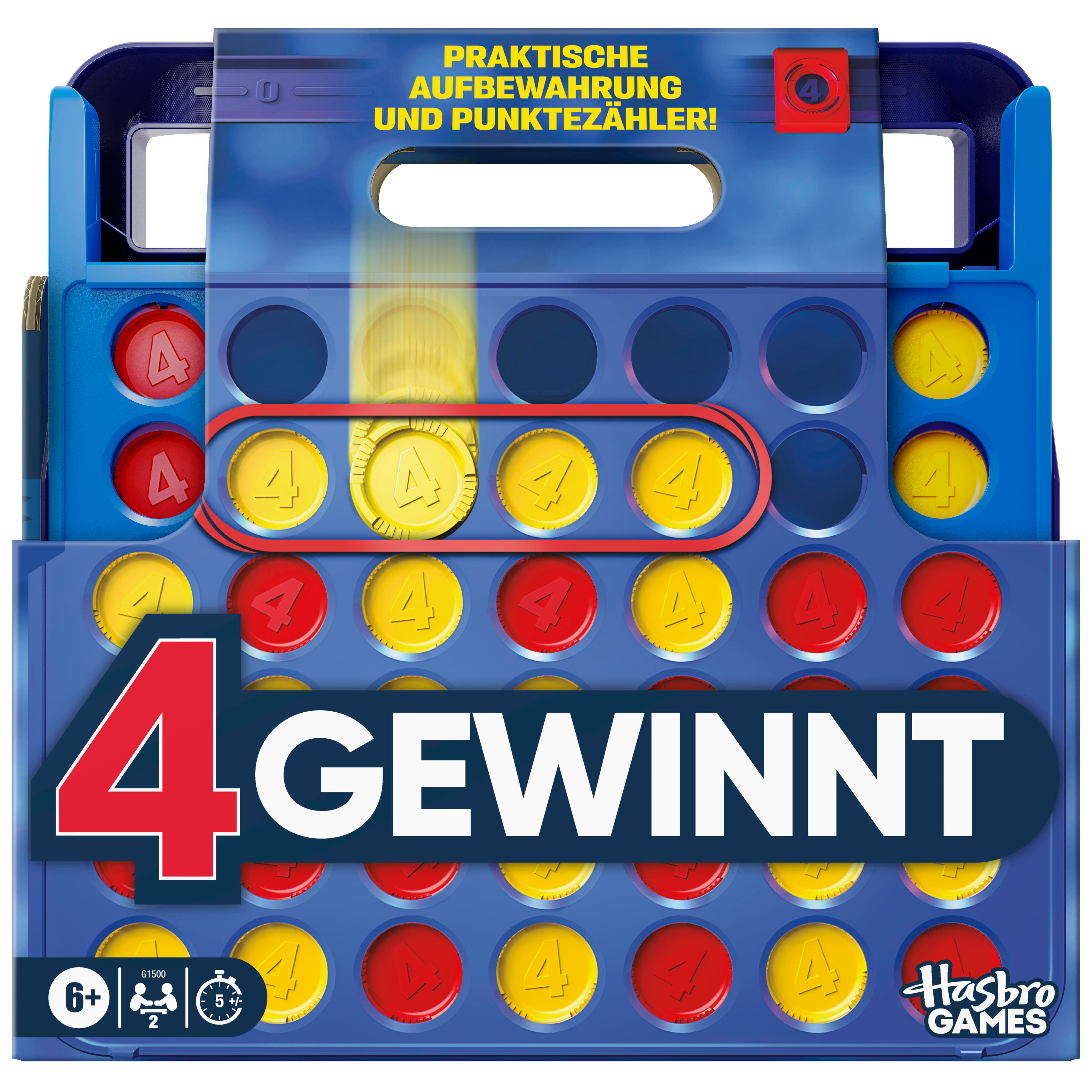 Connect 4 Spiel mit roten und gelben Spielsteinen. Praktische Aufbewahrung!