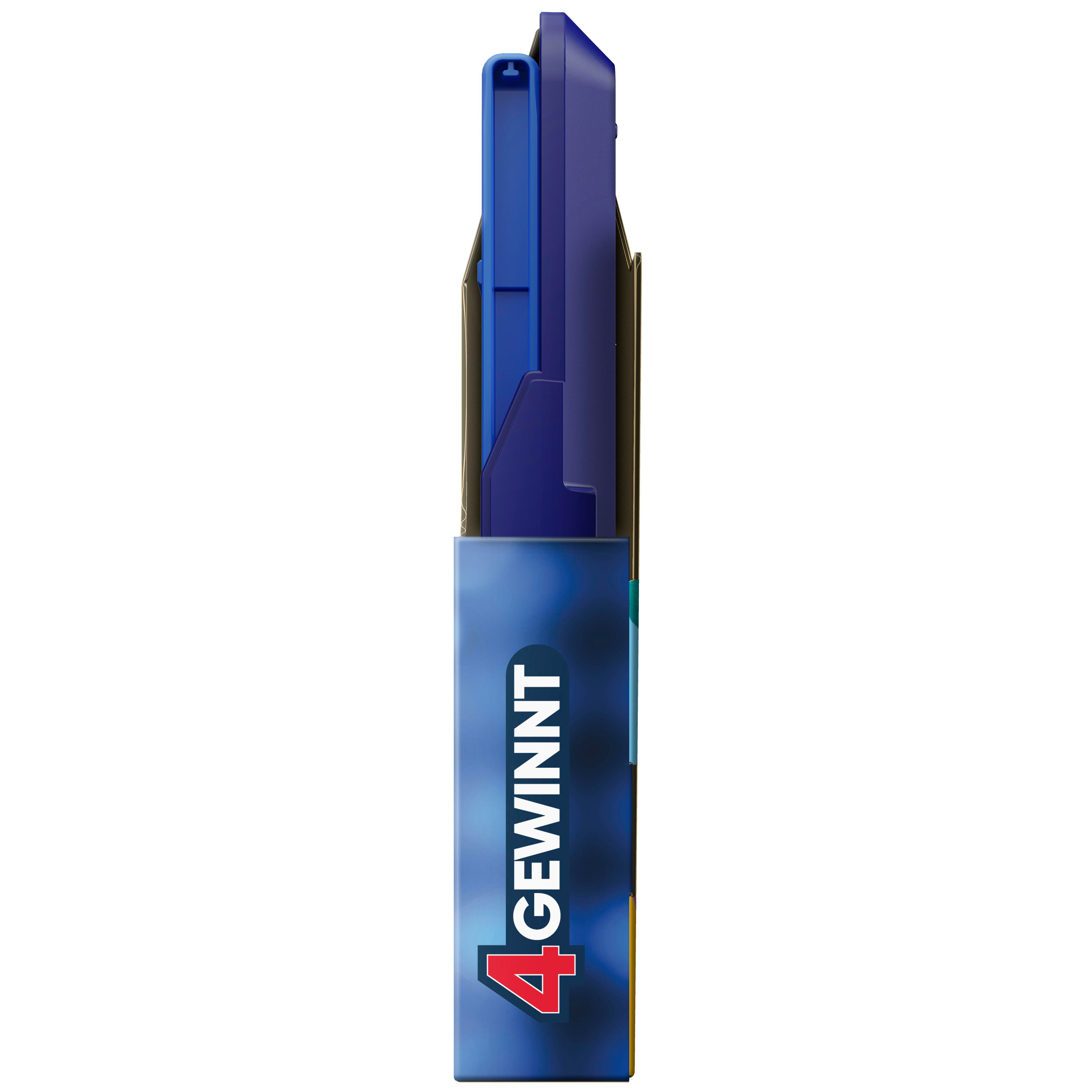 Ein blaues Spielgerät mit der Aufschrift "4 GEWINNT" auf der Verpackung.