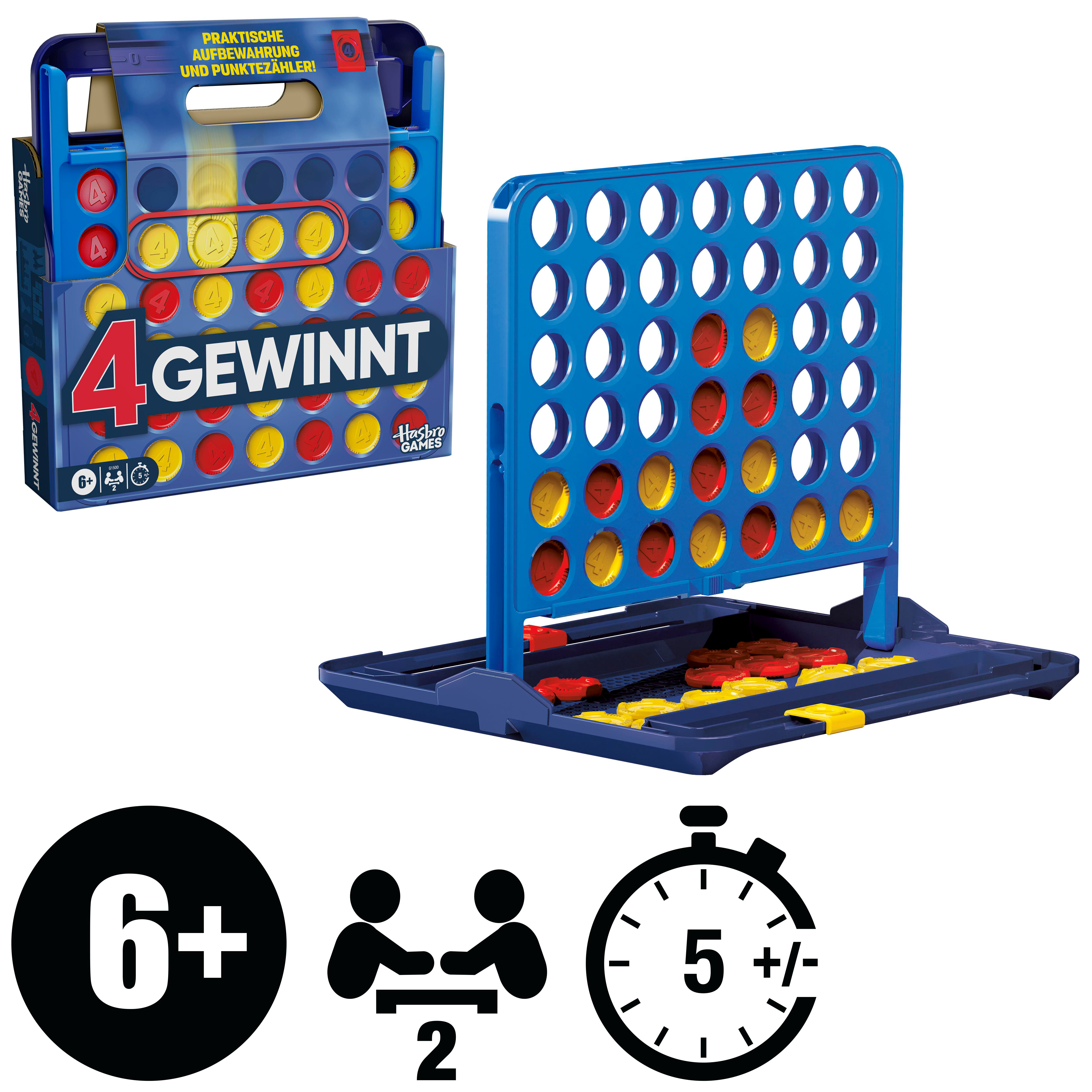 Connect 4 Spiel mit blauer Spielfläche, roten und gelben Chips und Aufbewahrung.
