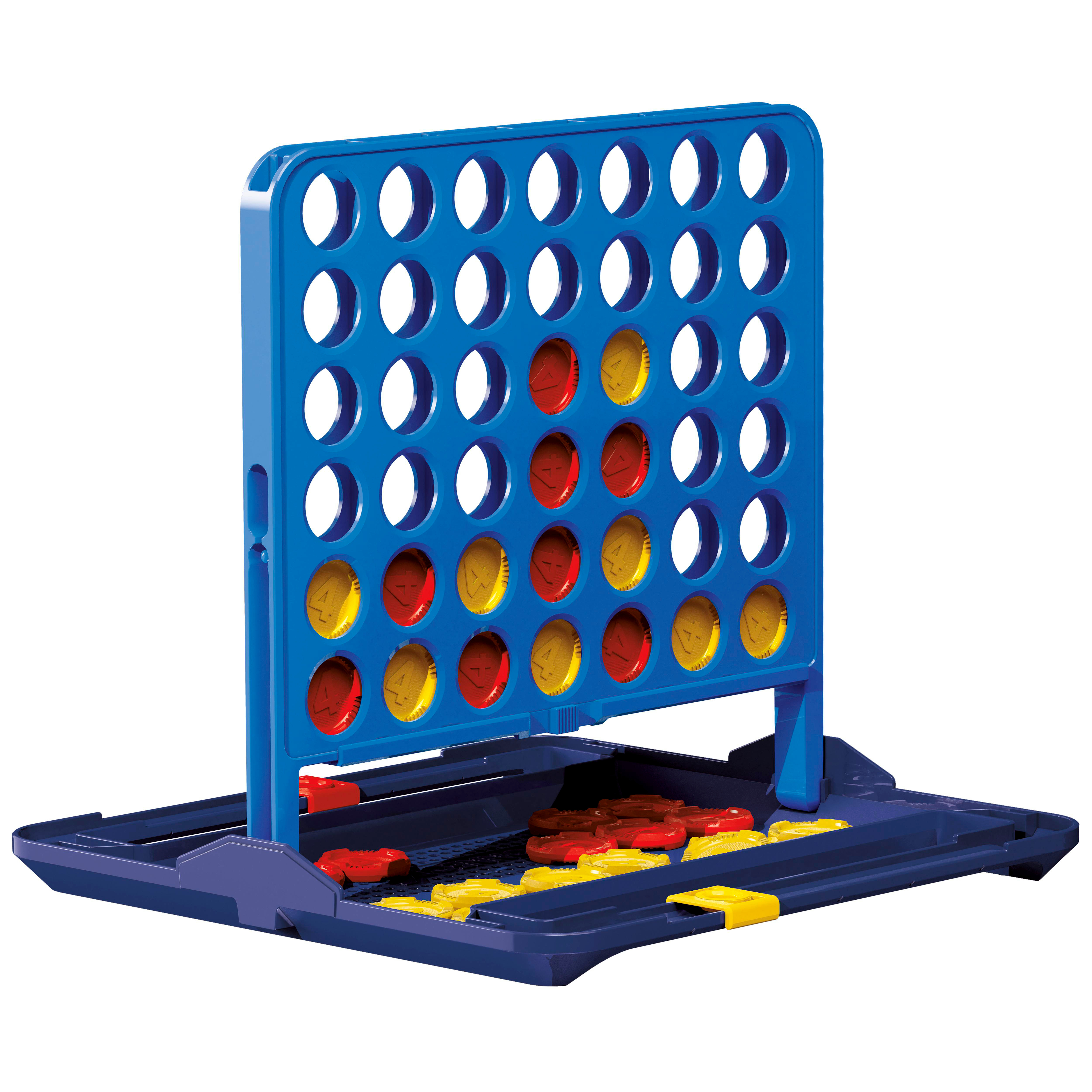 Ein blaues Brettspiel mit roten und gelben Spielsteinen, einige sind eingesetzt.