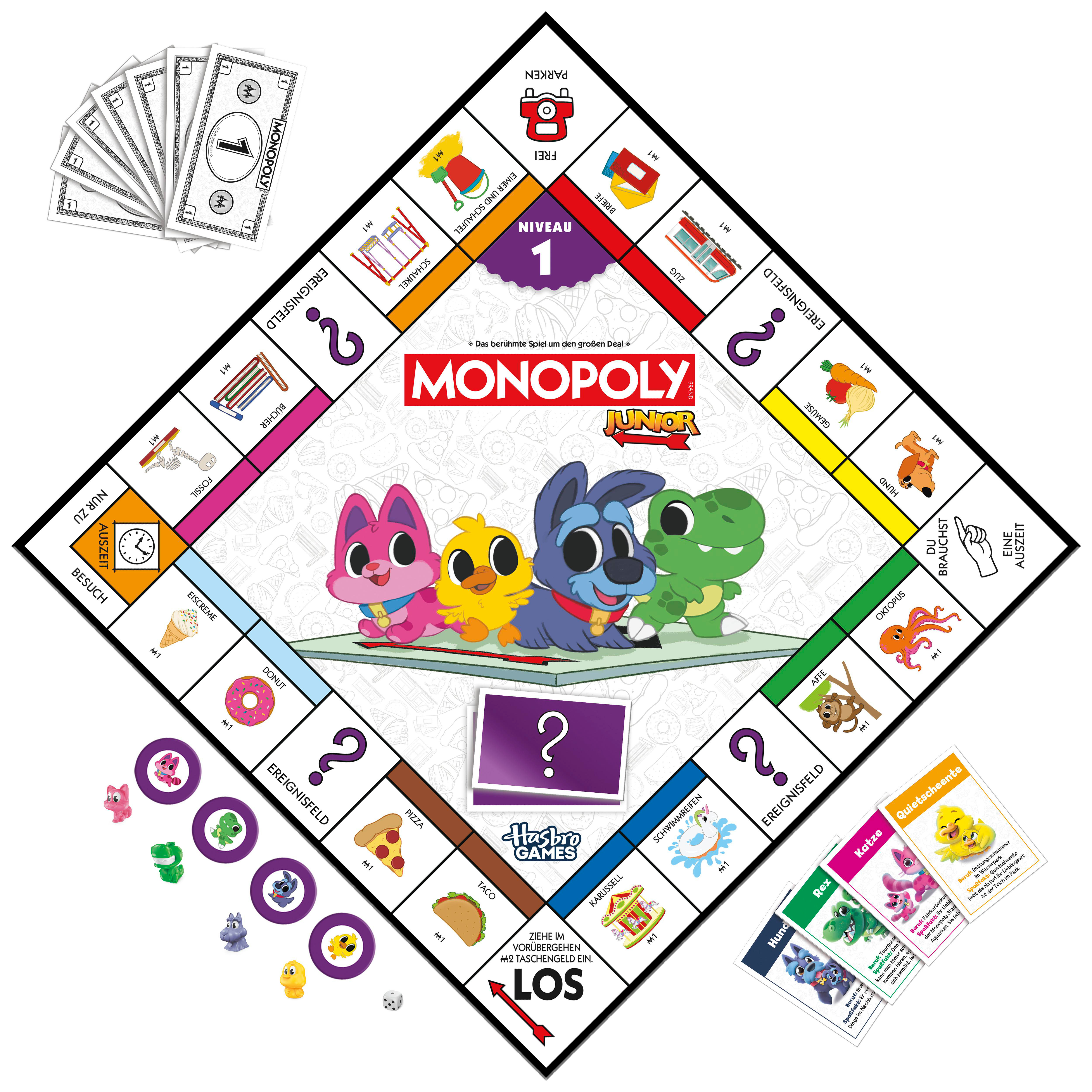 Monopoly Junior Spielbrett mit Spielfiguren, Geld und Karten.