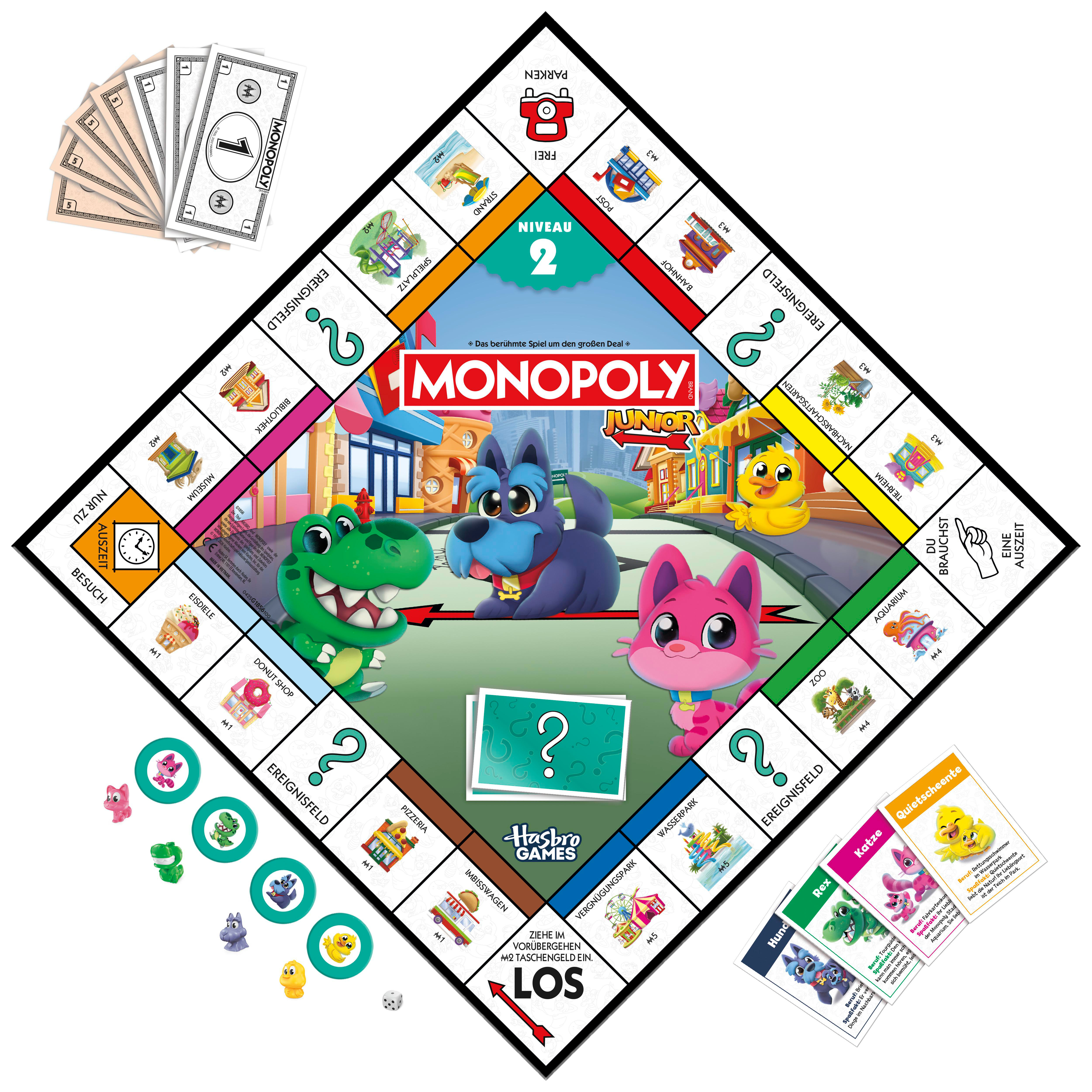 Monopoly Junior Spielbrett mit bunten Spielfiguren und Geldscheinen.