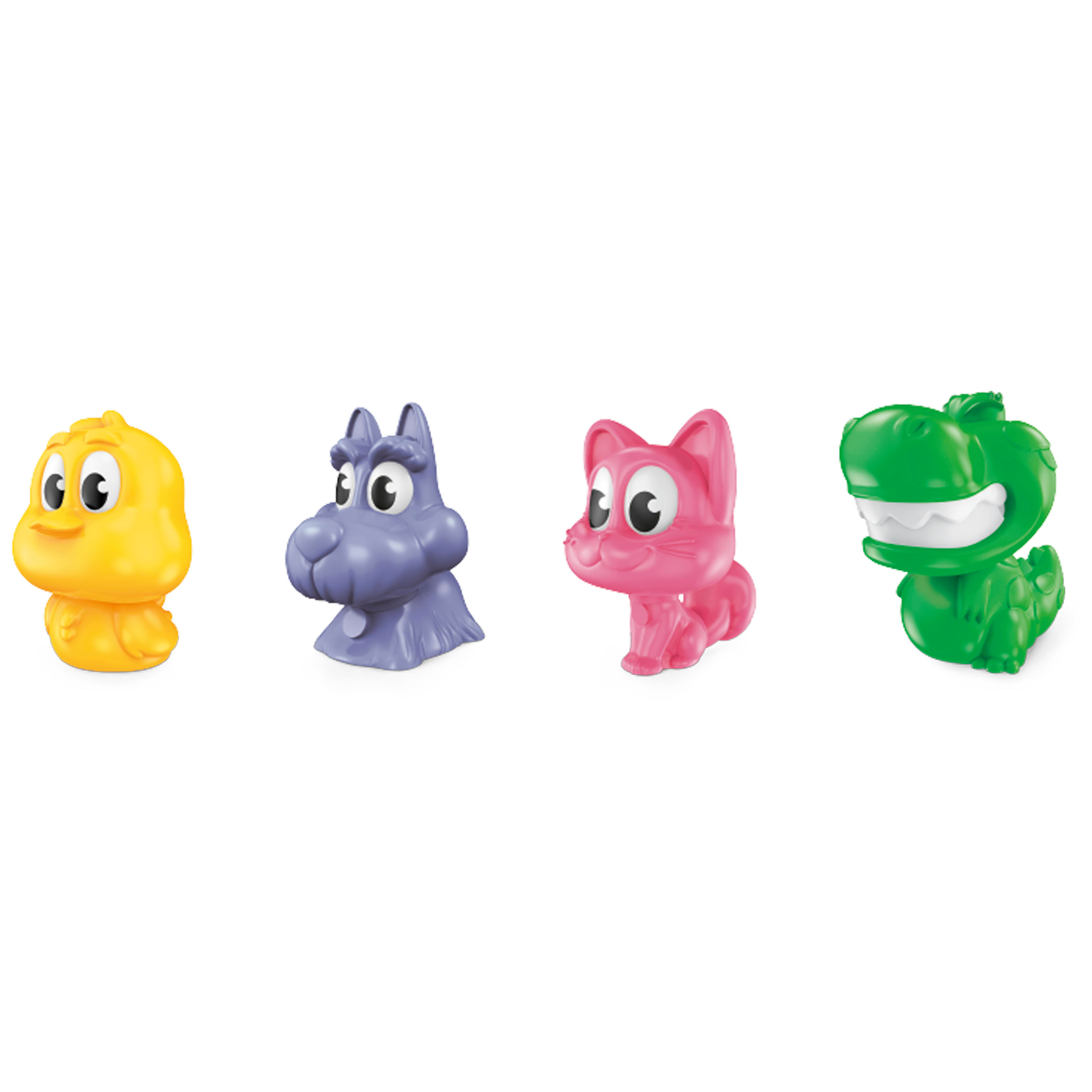 Vier bunte Spielzeugfiguren: gelbes Küken, lila Nilpferd, pinke Katze, grüner Dino.