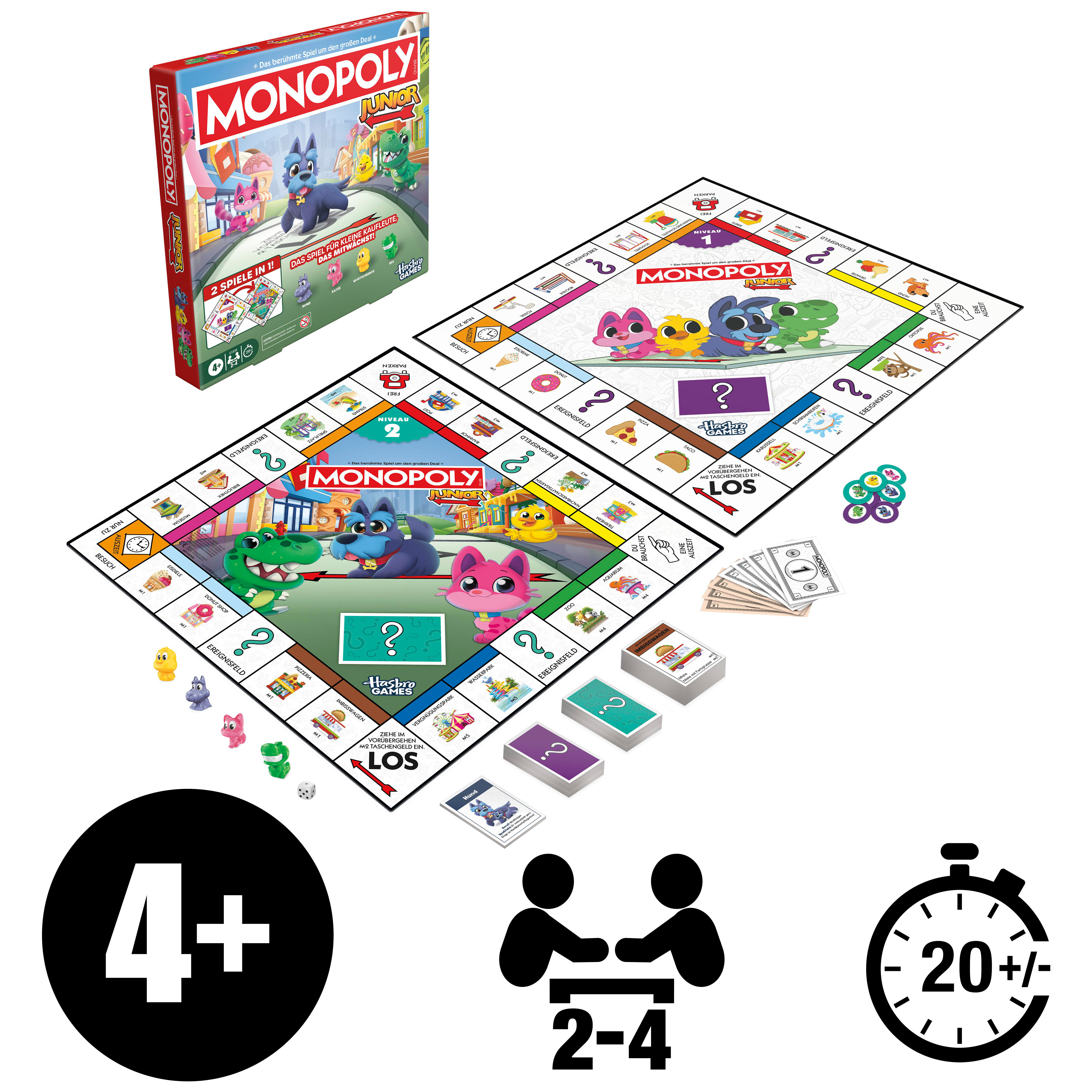 Monopoly Junior Brettspiel mit Tierfiguren, Geld und Spielbrett.