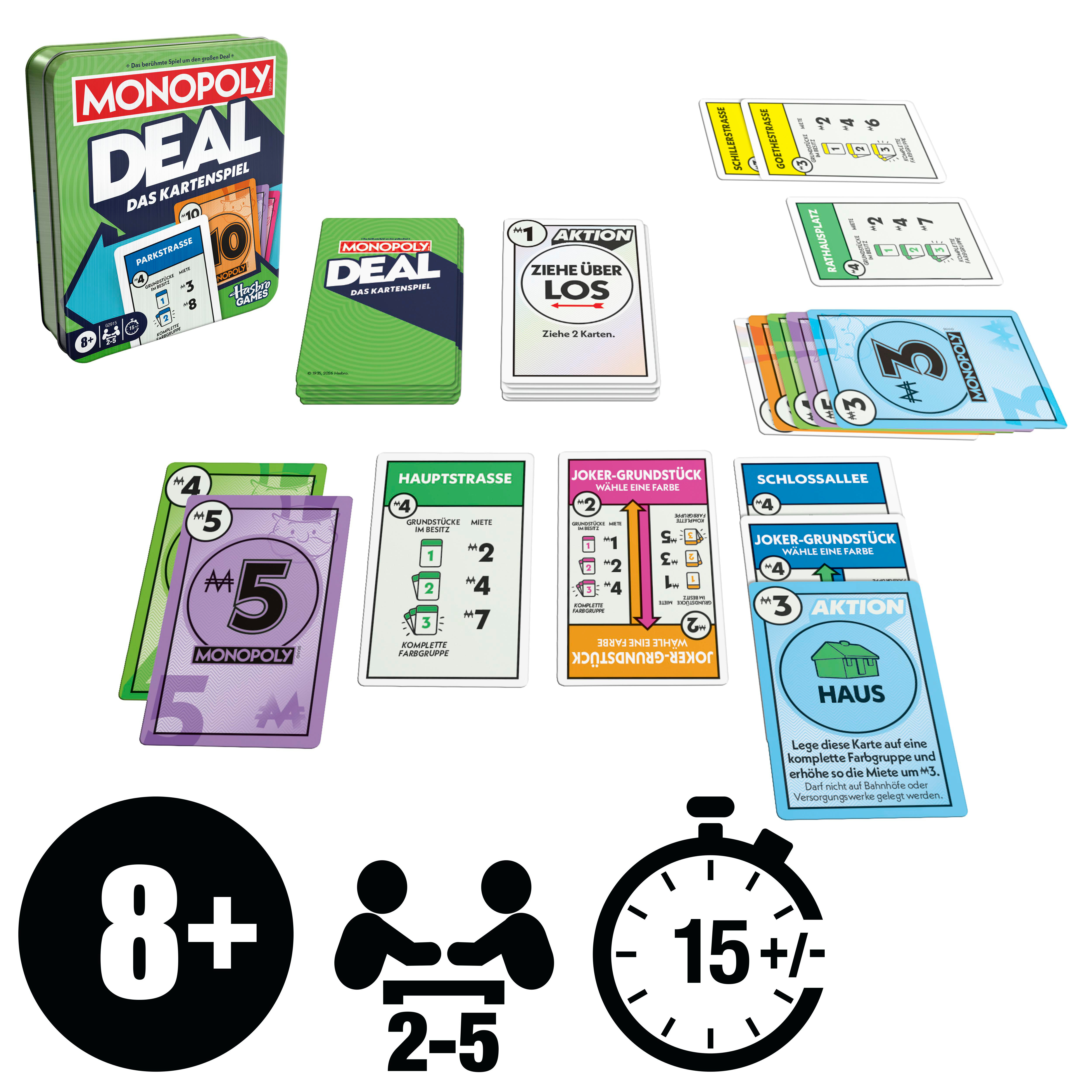 Monopoly Deal Kartenspiel mit Spielbox, Karten, Spielregeln und Alters-/Spieler-/Zeitangaben.