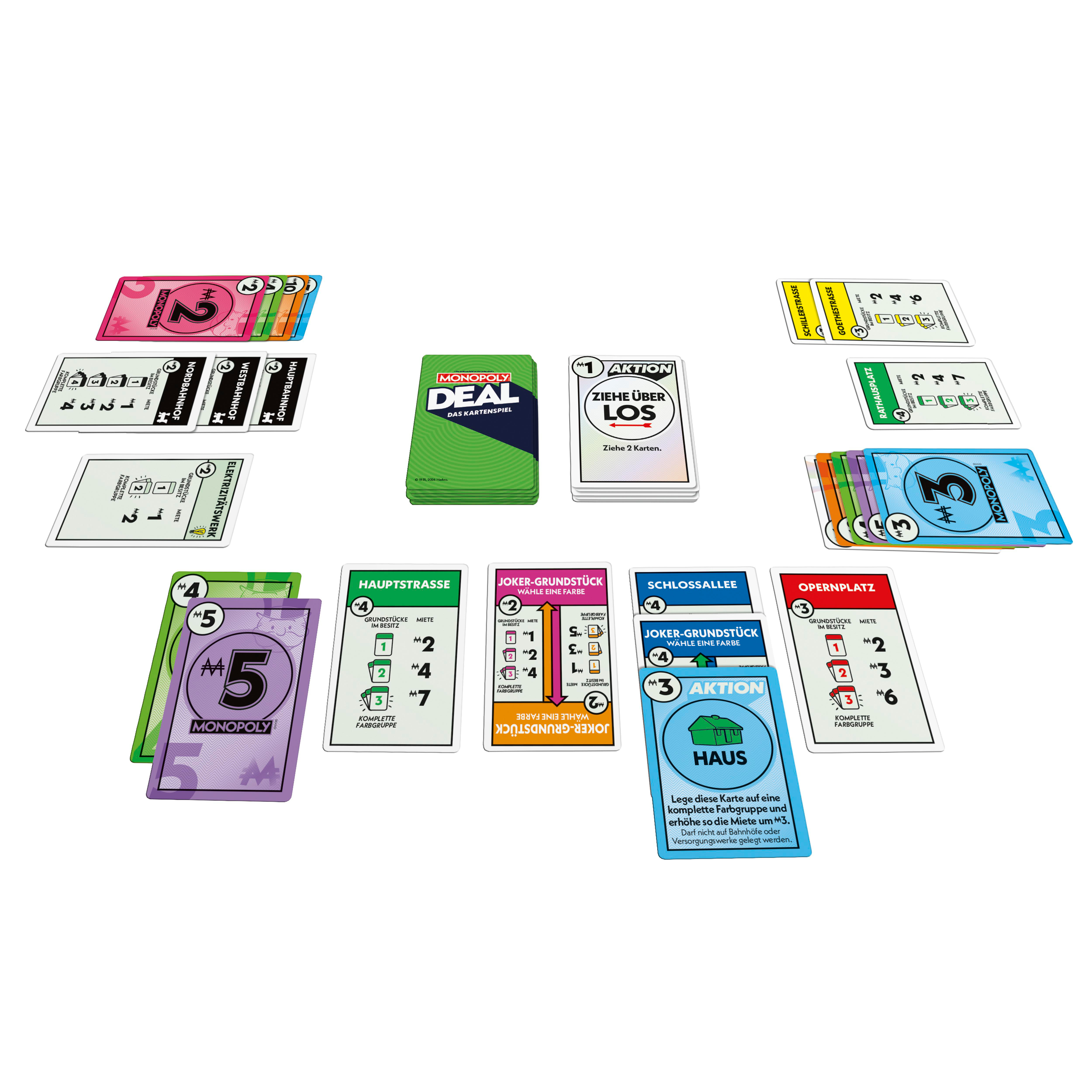 Monopoly Deal Spielkarten: Grundstücke, Aktion und Joker-Grundstücke.