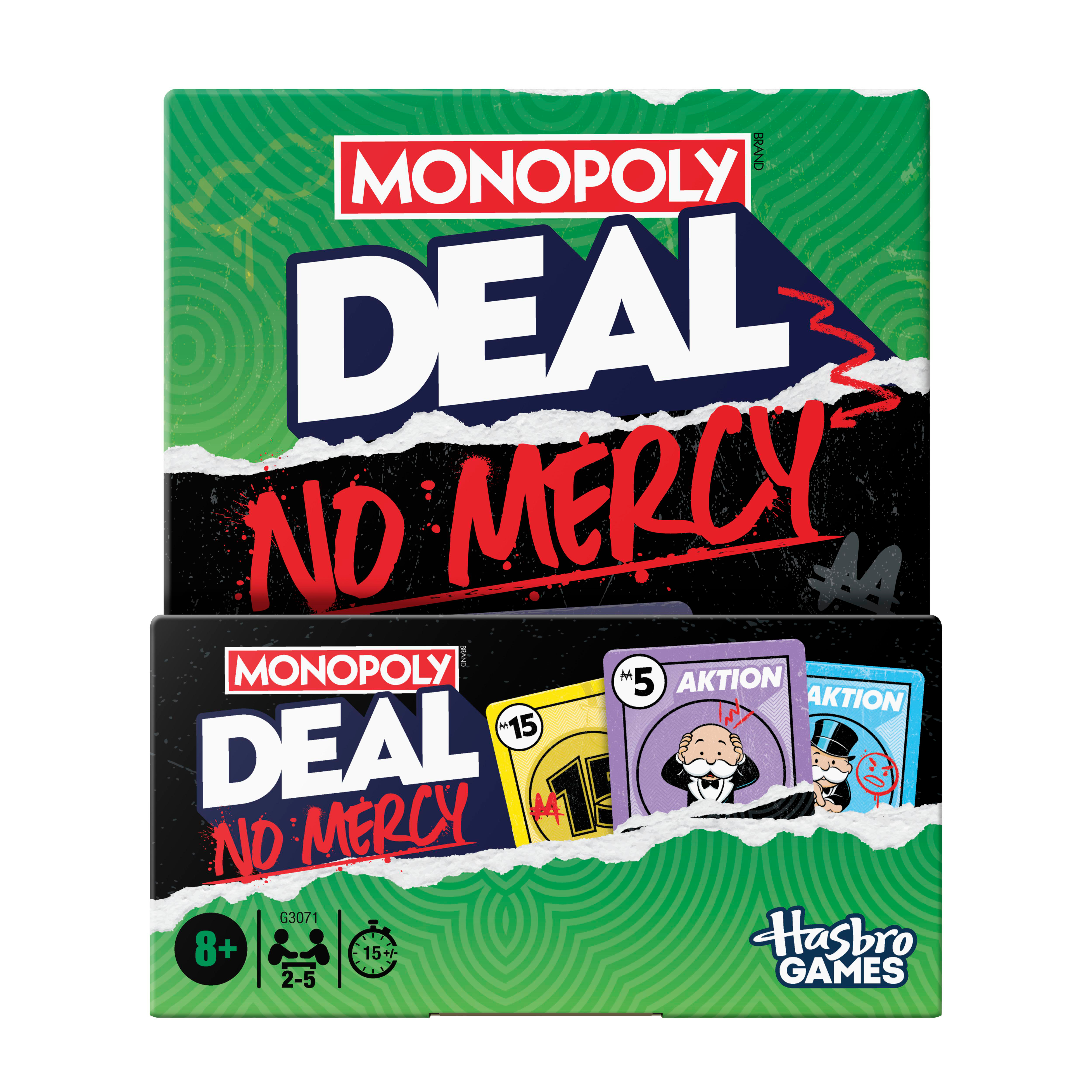 Monopoly Deal No Mercy Spielschachtel mit grünen Akzenten und Karten.