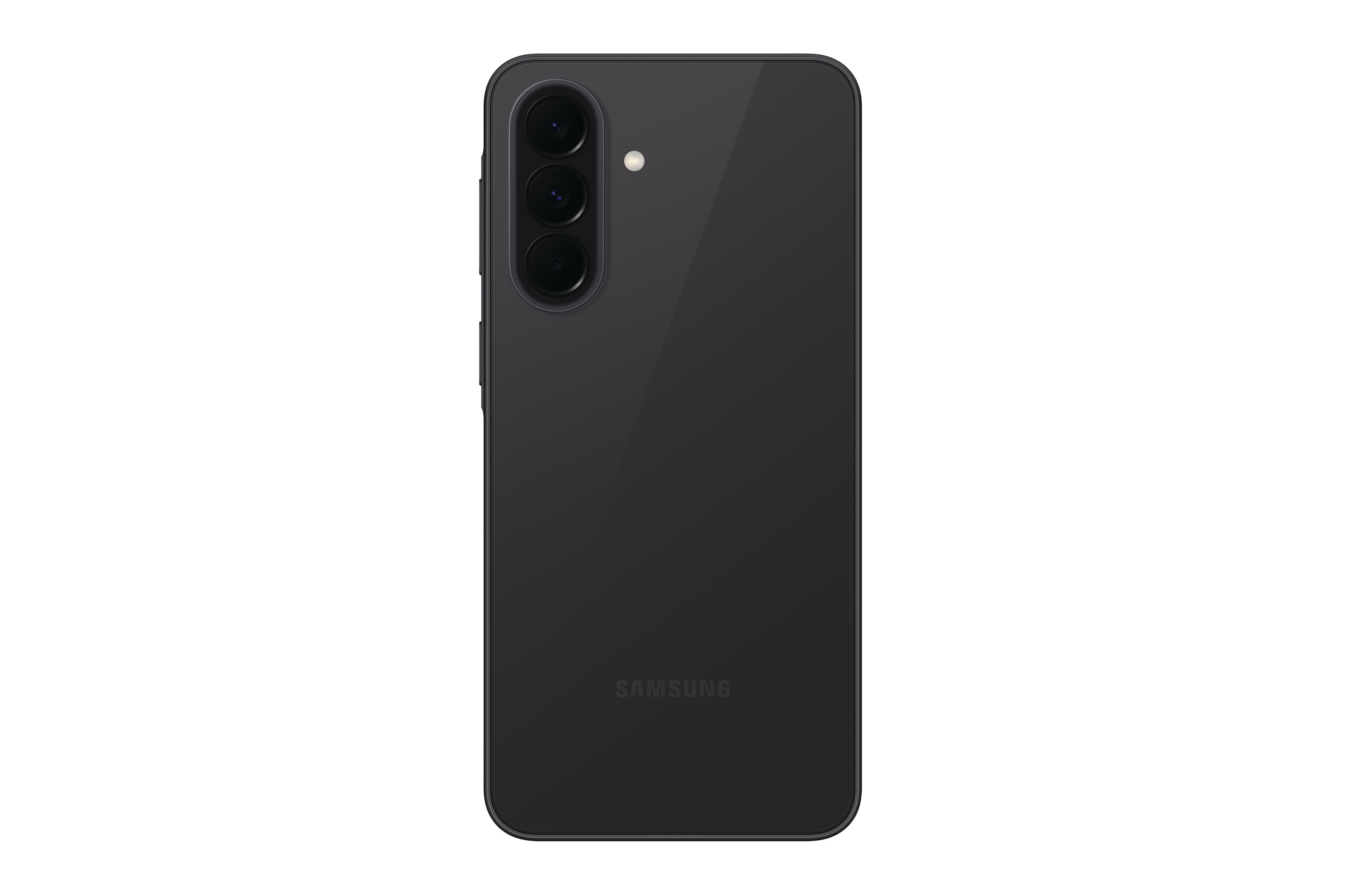 Rückseite eines schwarzen Samsung-Smartphones mit drei Kameralinsen und Blitz.