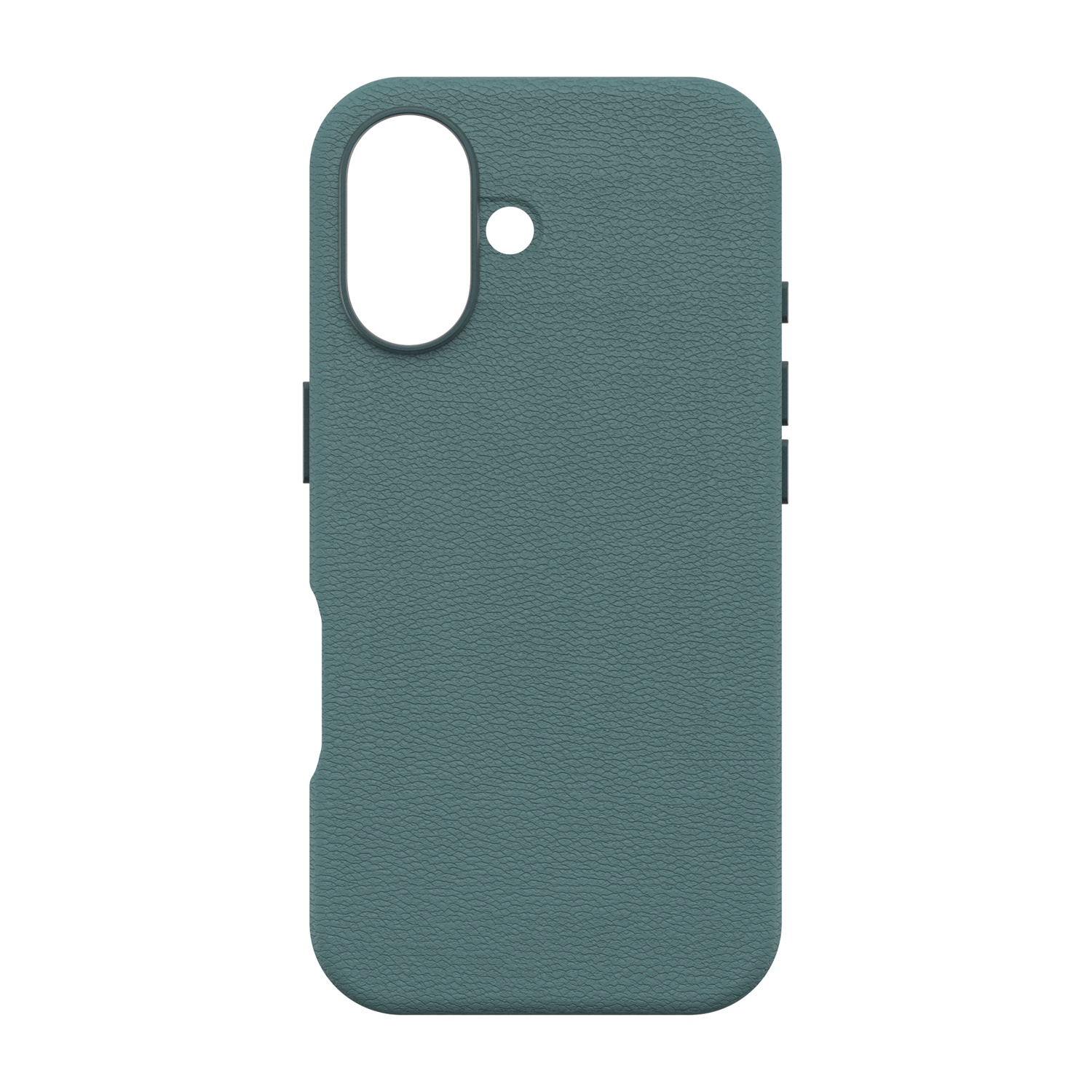 Custodia per telefono verde acqua con ritagli per fotocamera e pulsanti, superficie testurizzata.