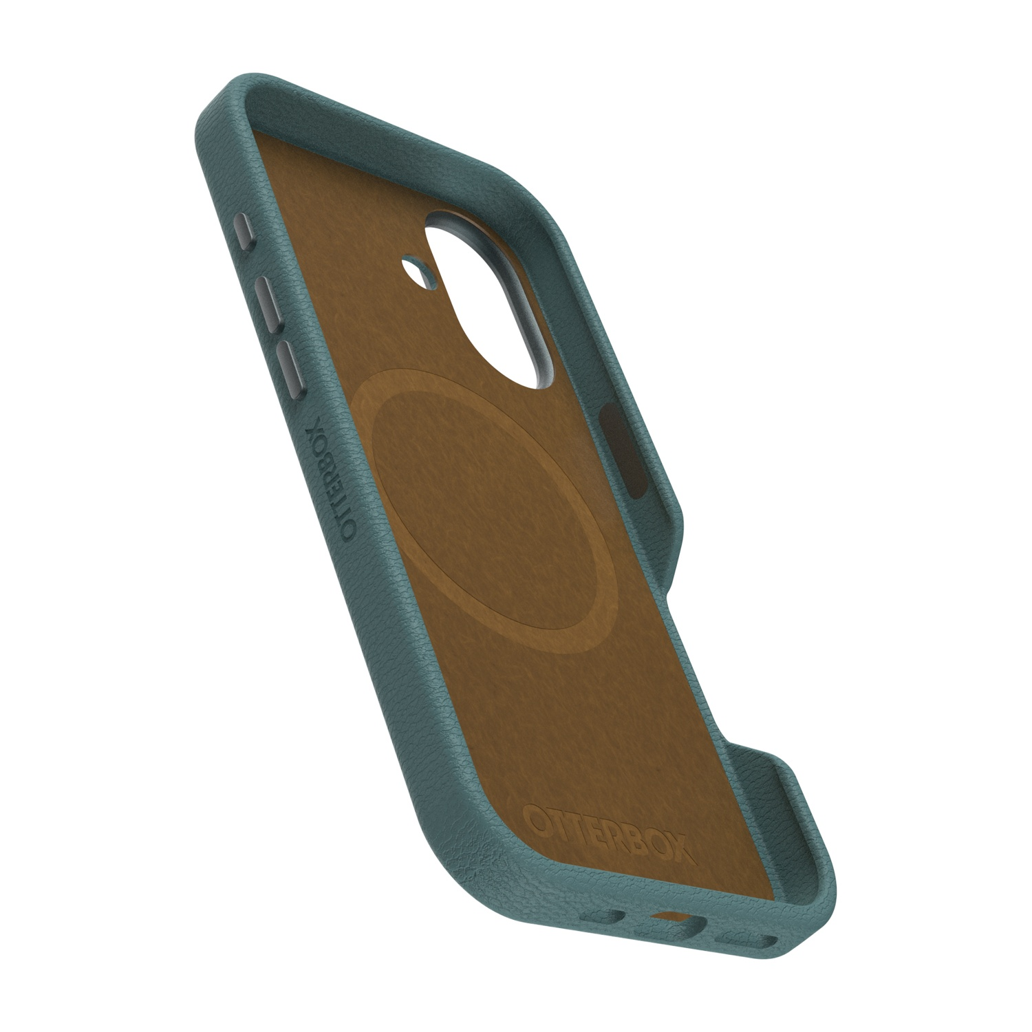 Una custodia per telefono color verde acqua con interno marrone, su sfondo bianco.
