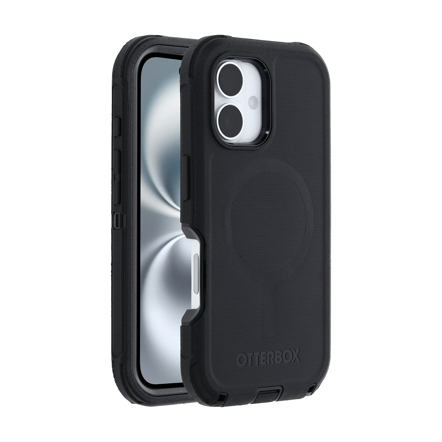 Una custodia Otterbox nera è su un telefono con impugnatura testurizzata. L'obiettivo della fotocamera è visibile.