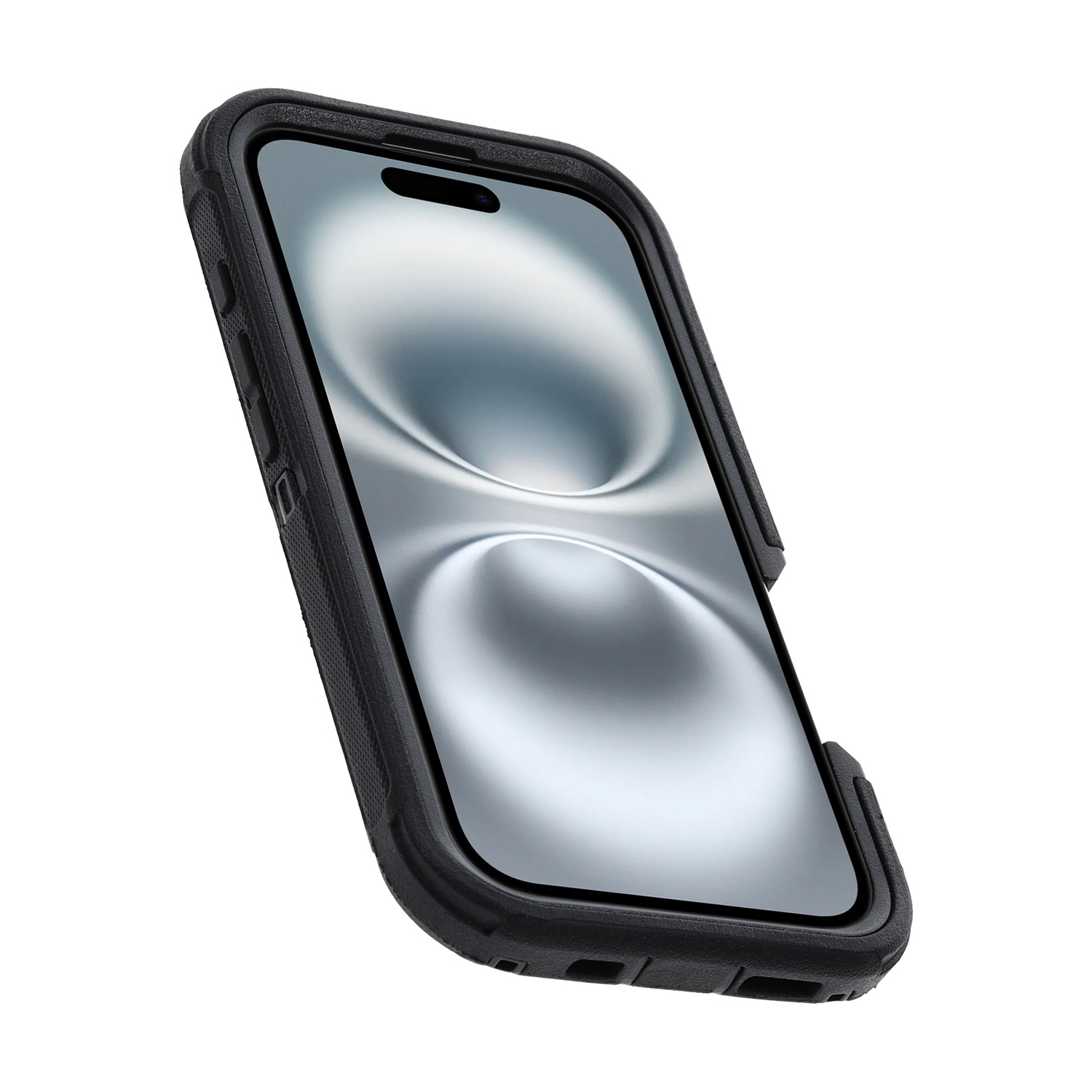 Una custodia nera per smartphone mostrata su sfondo bianco.