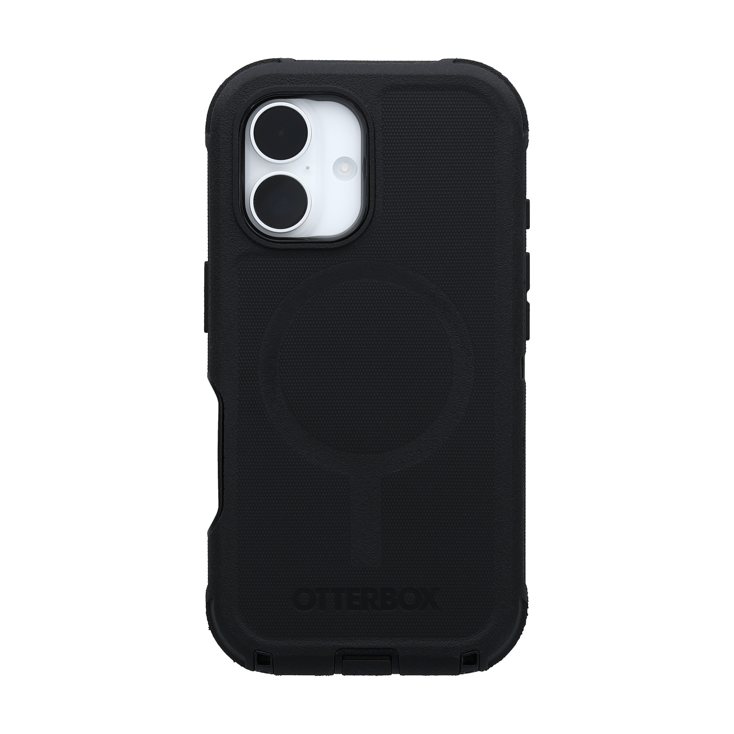 Custodia nera per telefono con doppio ritaglio fotocamera e logo Otterbox.