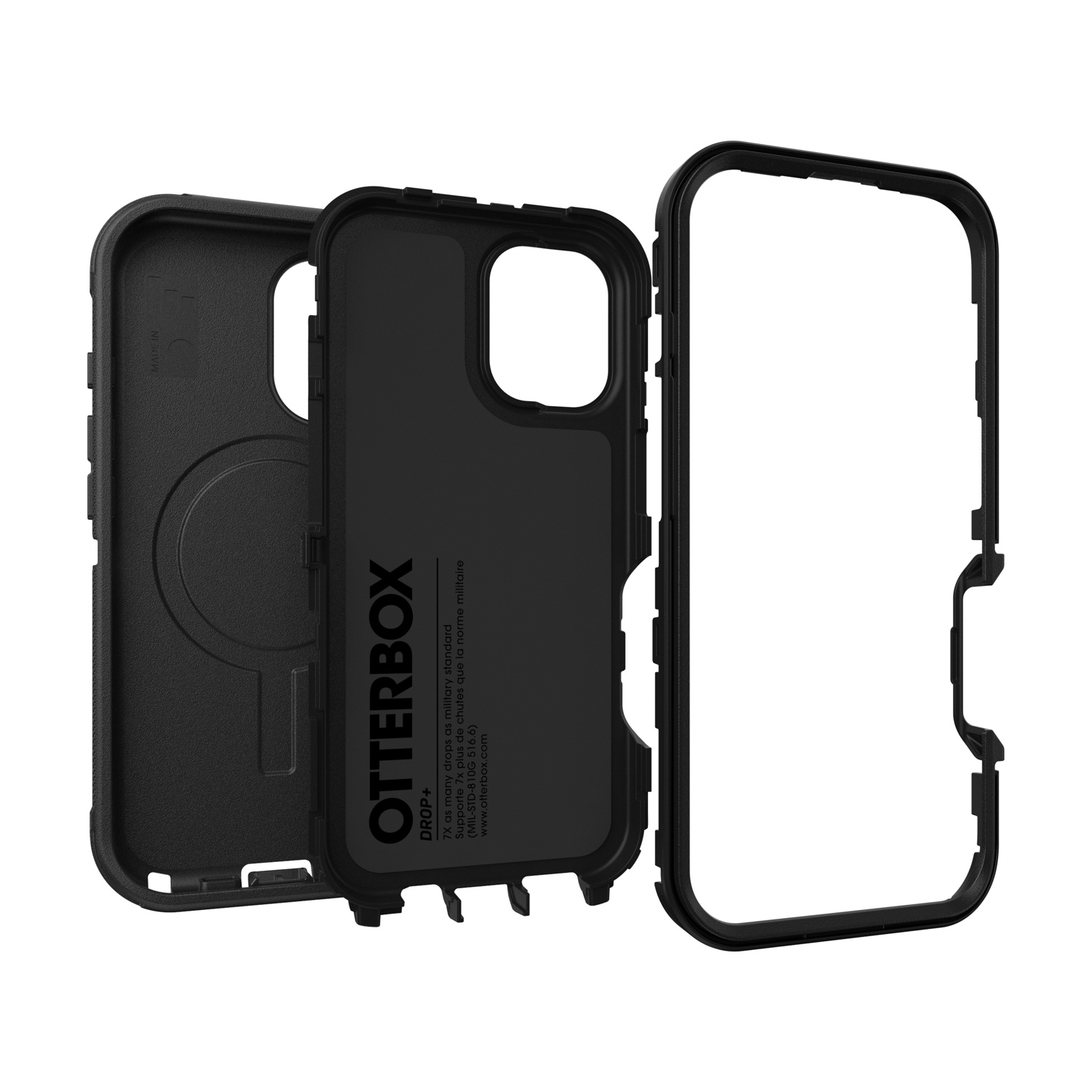 Custodia nera Otterbox per telefono, smontata in tre parti. Vista interna.