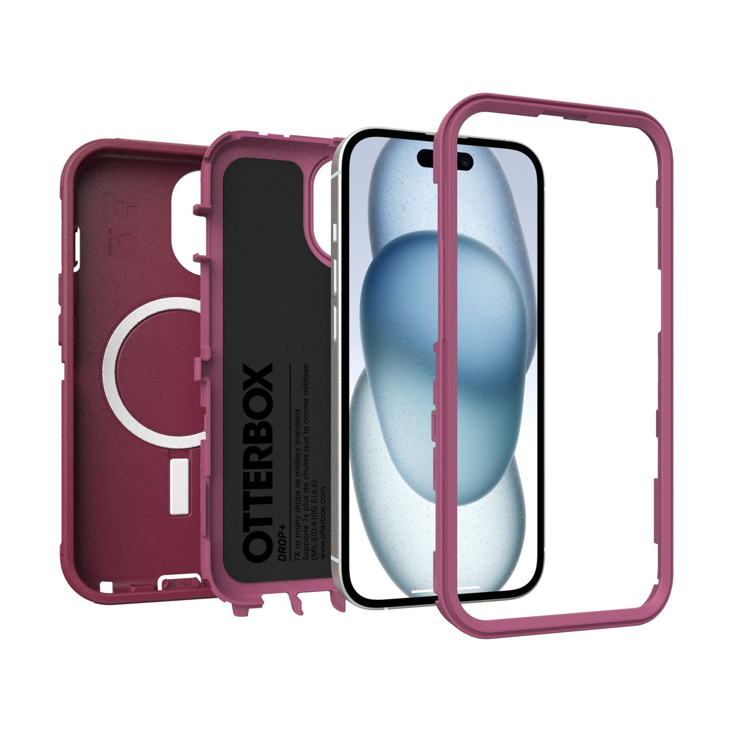 Custodia per smartphone rosa smontata: retro, cornice centrale e cornice anteriore.