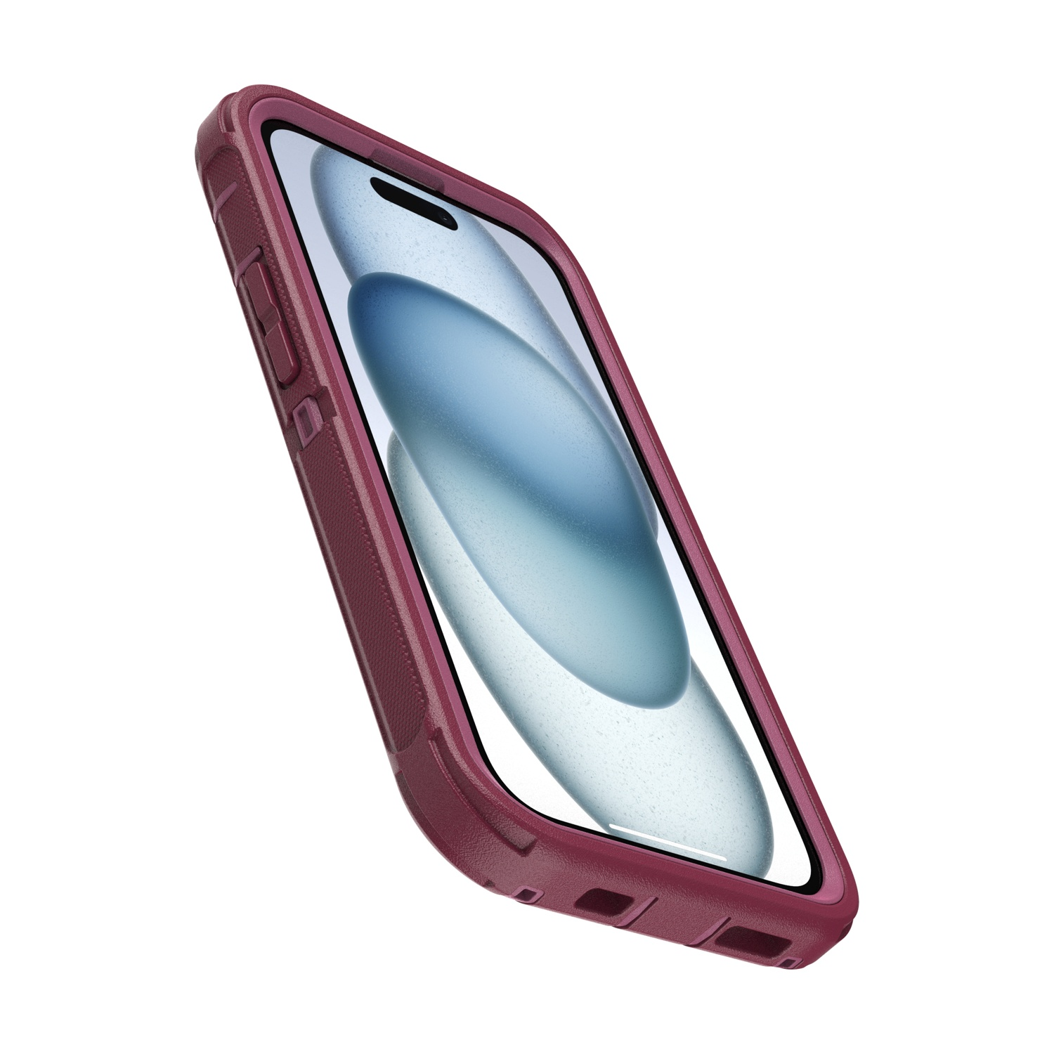 Uno smartphone rosso in una cover protettiva, mostrato di sbieco.