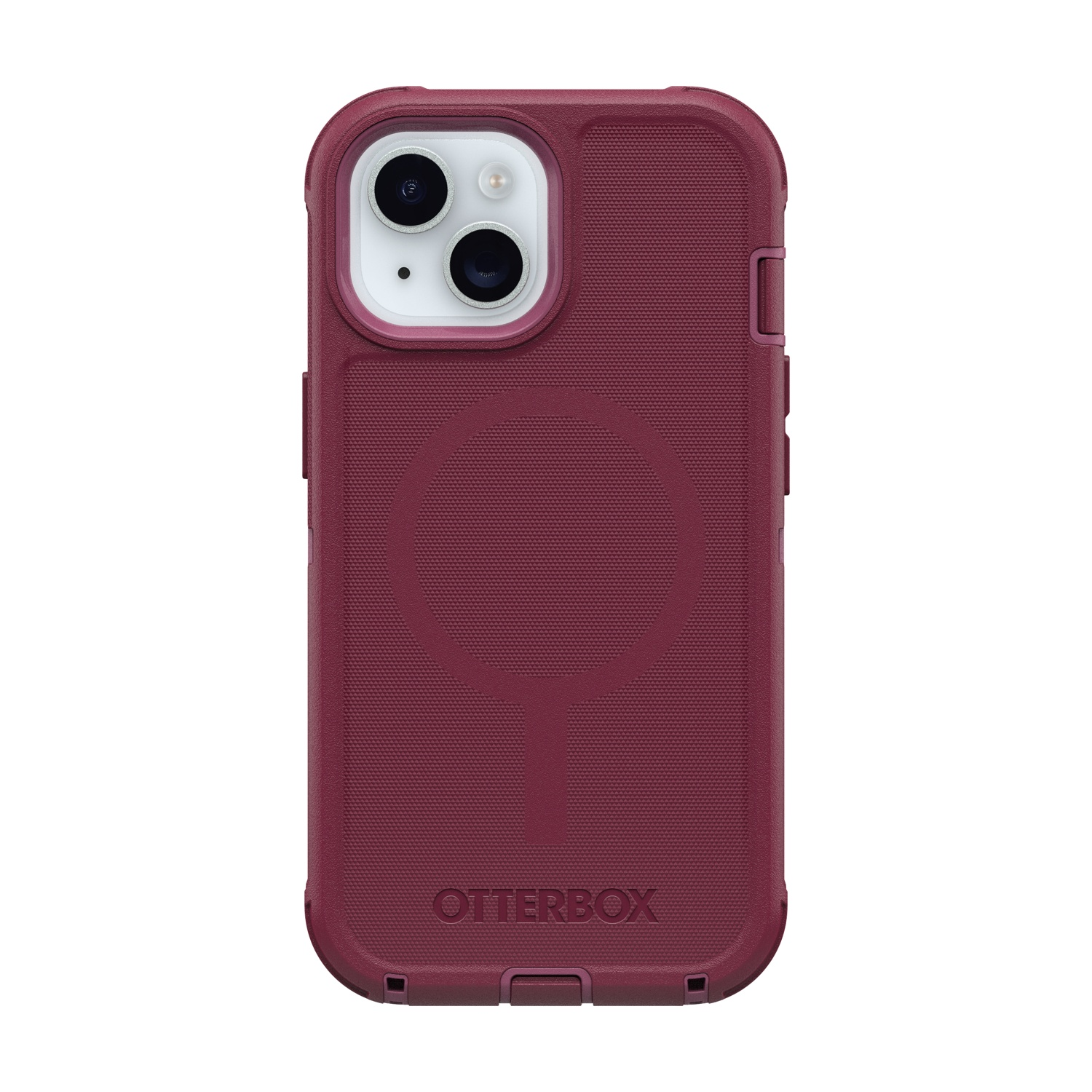Custodia Otterbox rosso scuro con due obiettivi della fotocamera in alto e logo Otterbox in basso.