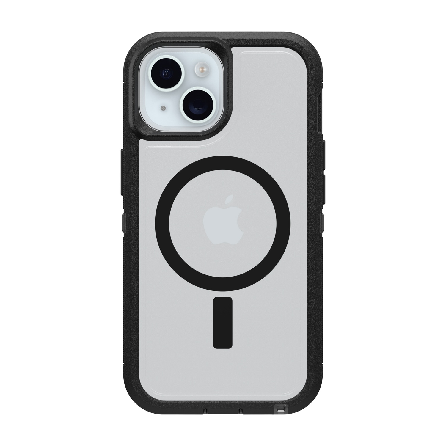 Custodia trasparente per iPhone con bordo nero e anello MagSafe.