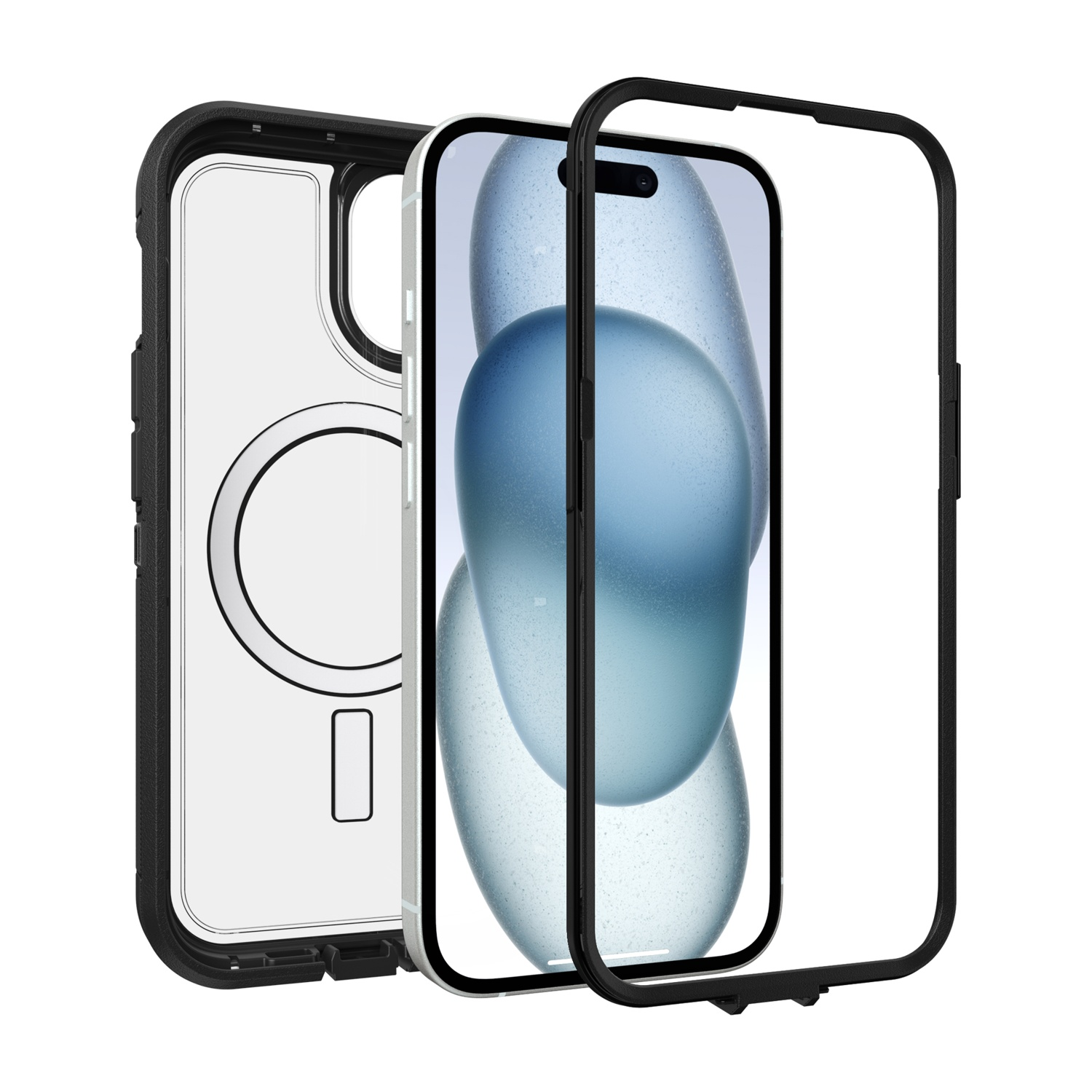 Un set di cover trasparente per telefono con cornice nera.