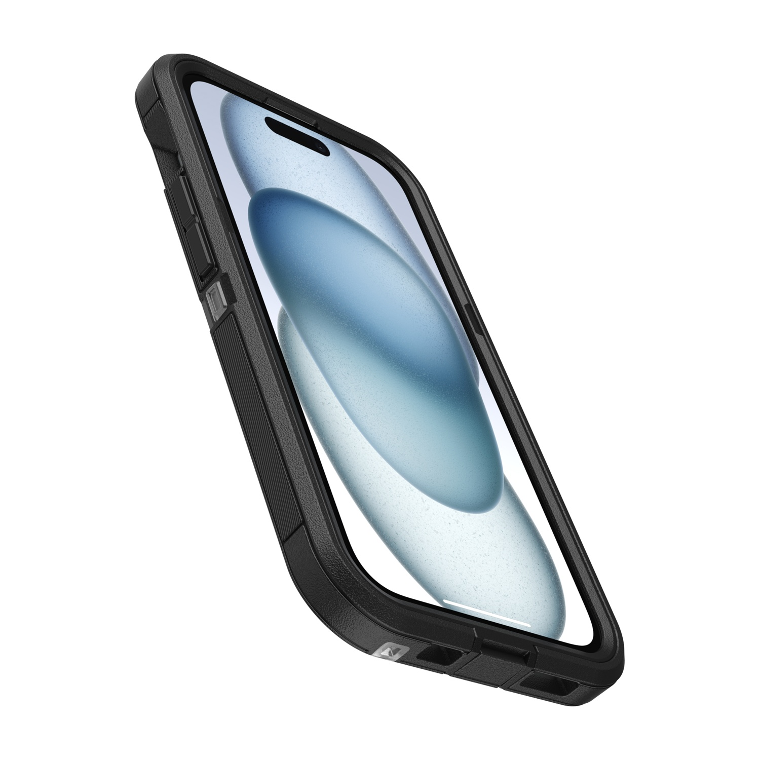 Smartphone nero in custodia protettiva, primo piano, su sfondo bianco.