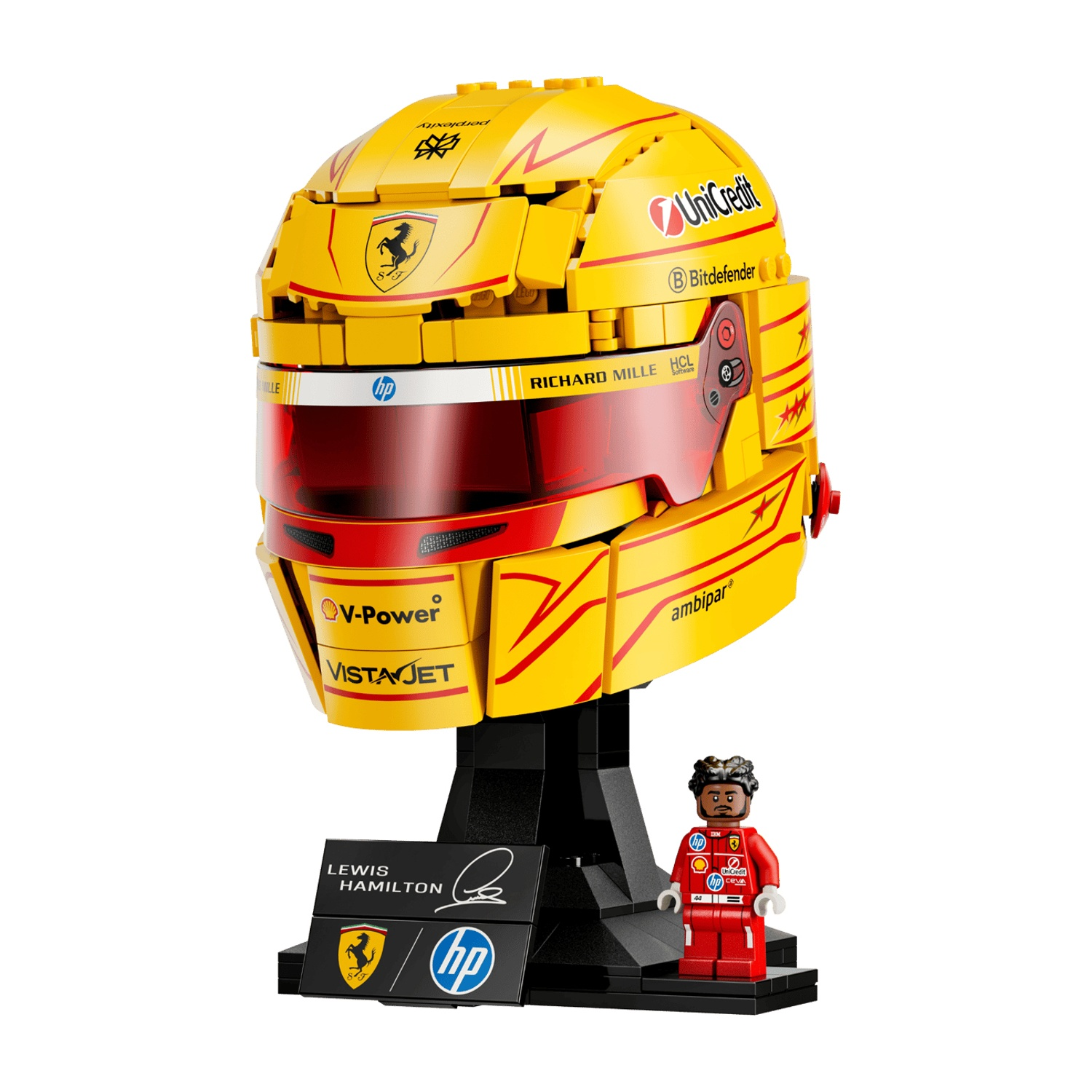 Casco Lego giallo con accenti rossi e sponsor. Include una minifigure.